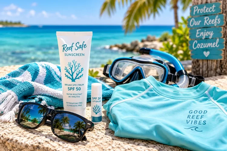 Reef-safe sunscreen, rash guard, sunglasses, snorkel gear, and beach essentials beside the Caribbean Sea in Cozumel