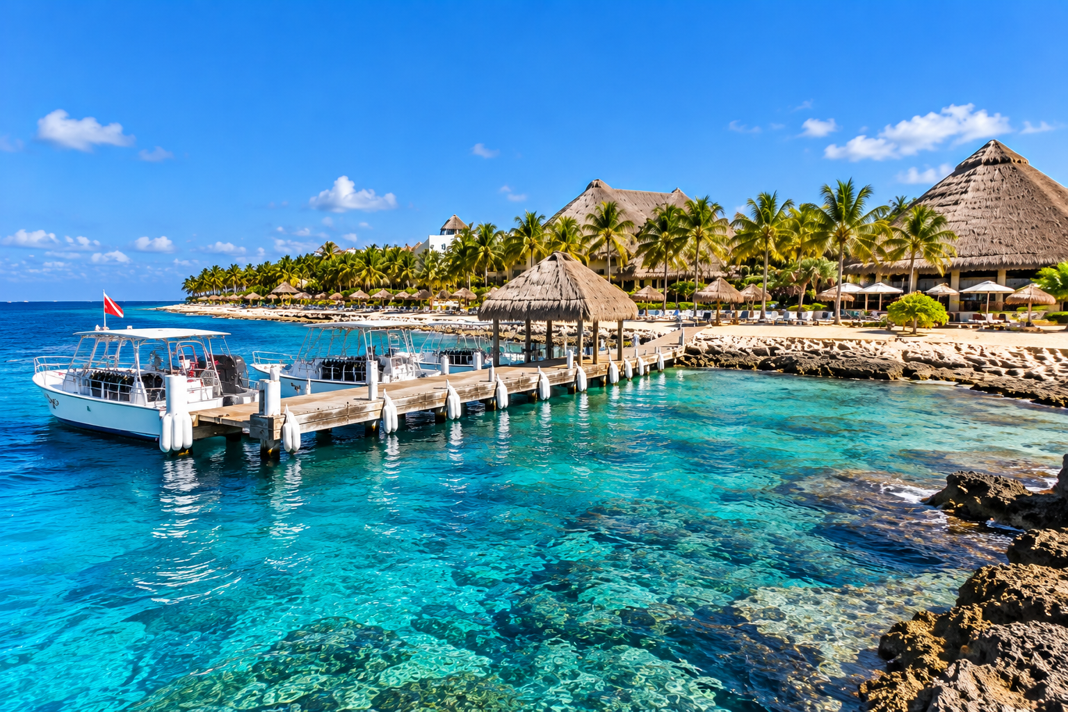 Dive boats at a tropical resort pier on Cozumel's Caribbean coast