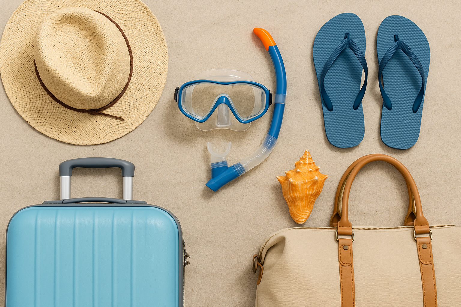 Island time essentials: straw hat, blue flip-flops, snorkel and mask, light blue suitcase, beige beach bag, and shell on sand