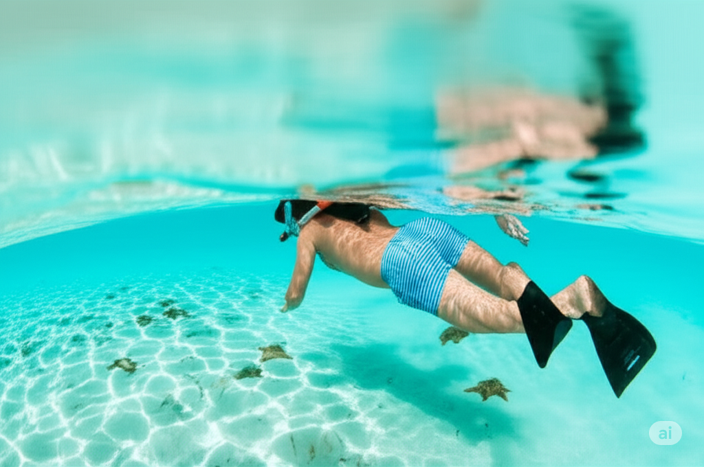 Snorkeler exploring clear Caribbean water at El Cielo in Cozumel