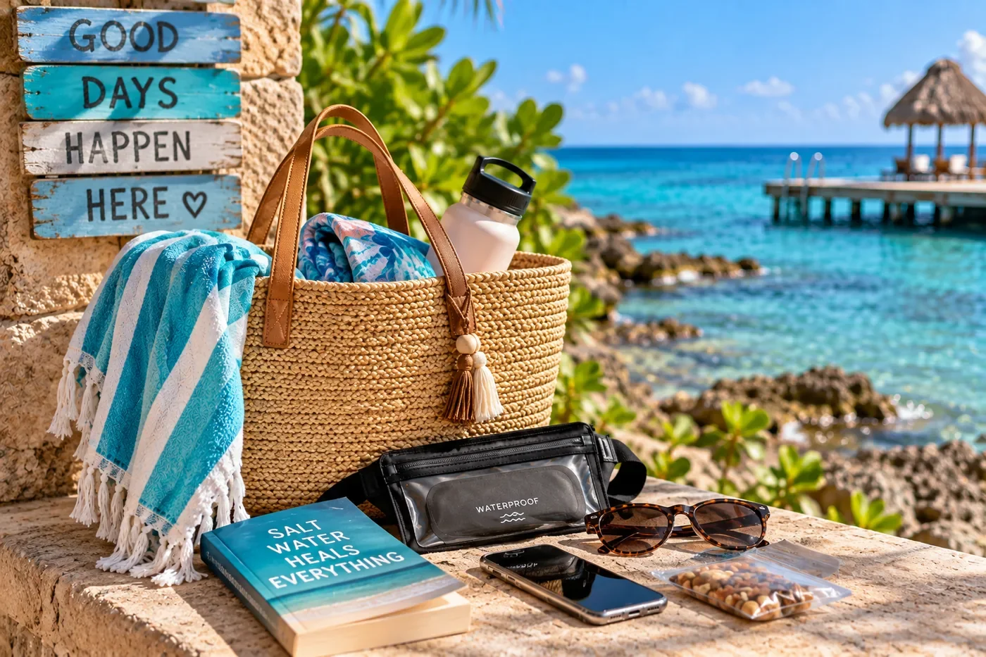 Beach tote with reusable water bottle, waterproof pouch, sunglasses, phone, snacks, and book for a day exploring Cozumel