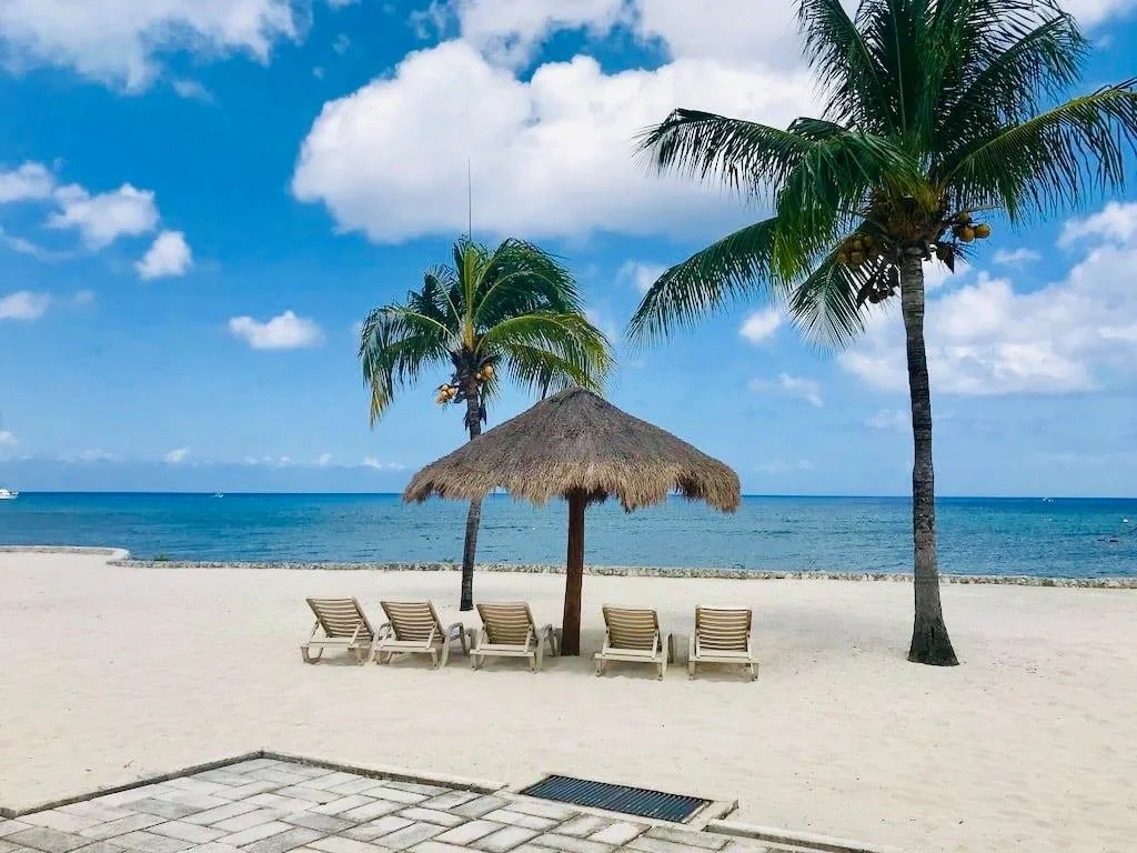 Tropical beachfront at Weโve Gone Coastal Villa in Cozumel โ features include palm trees, a thatched umbrella, five lounge chairs on soft white sand, and ocean views under a blue sky.