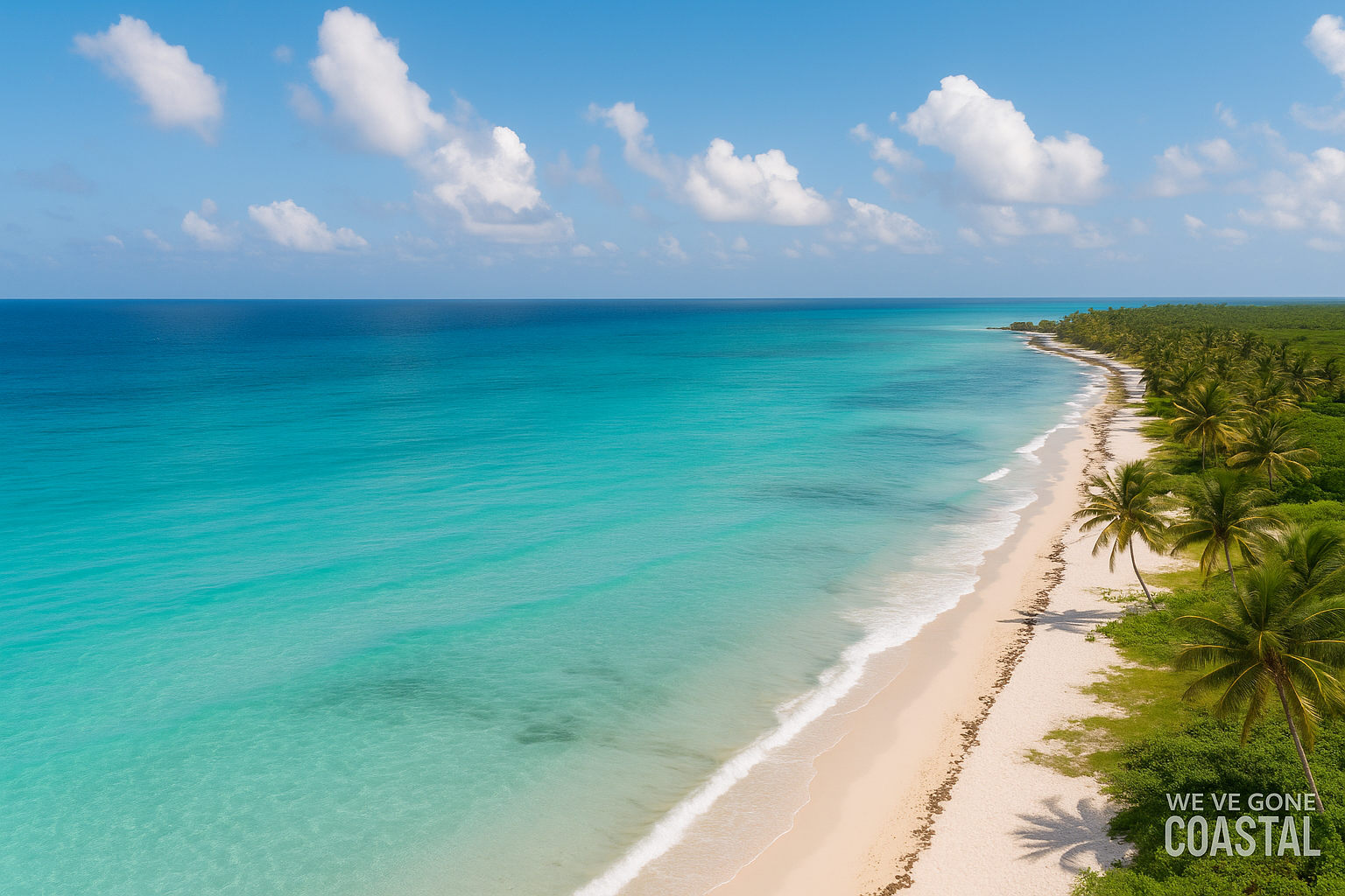 Aerial view of Cozumel’s coastline with turquoise water, white sand, and palm trees under a bright blue sky