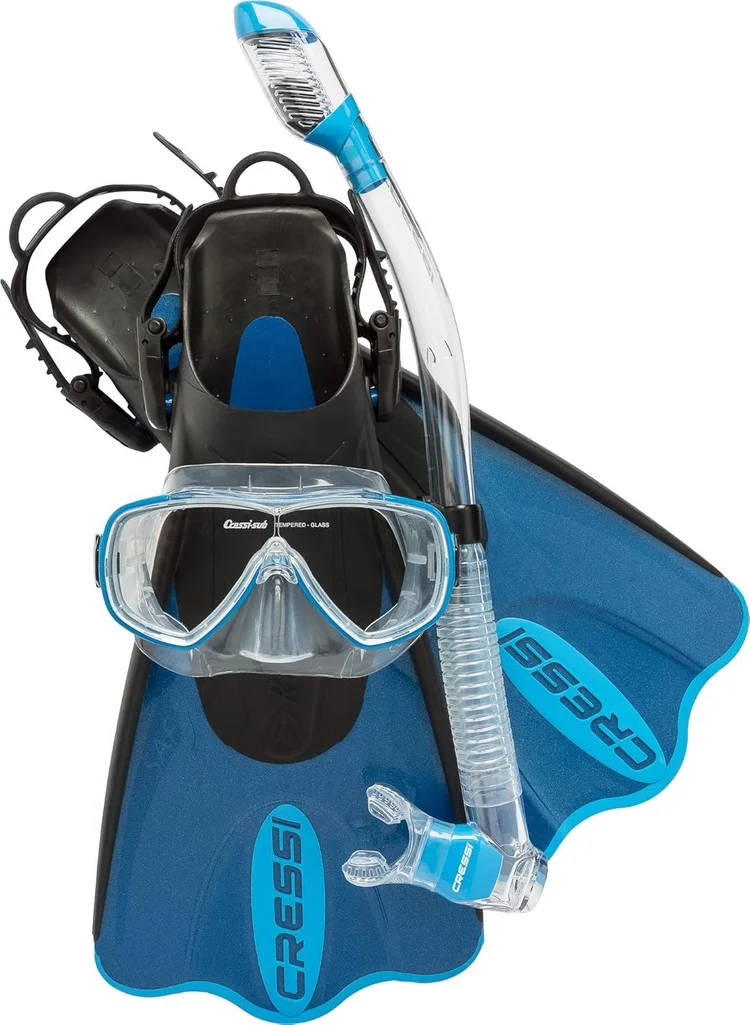 Cressi Palau SAF snorkel set with adjustable fins, silicone mask, and dry snorkel, lightweight for travel