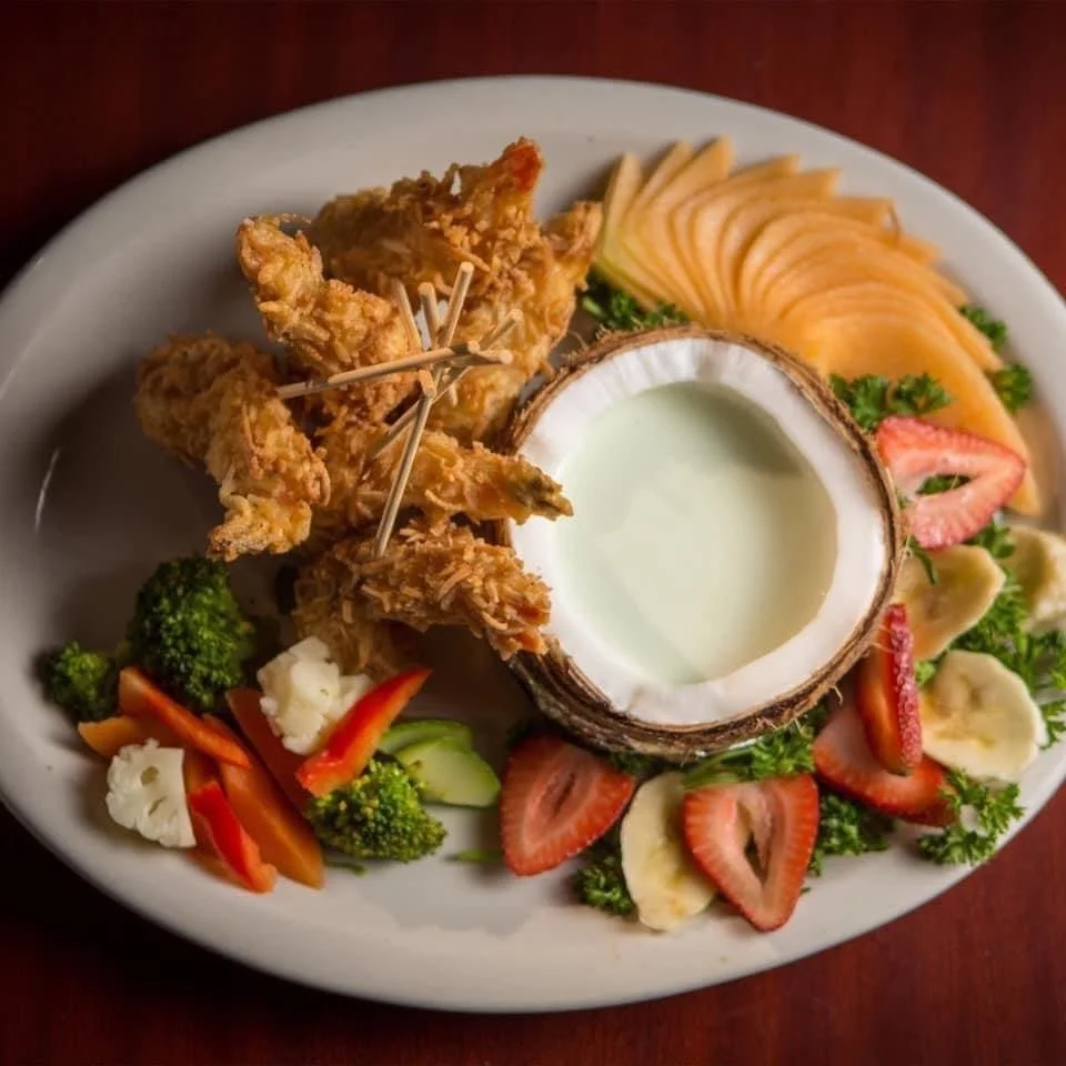 Coconut shrimp dinner at Casa Mission restaurant in Cozumel