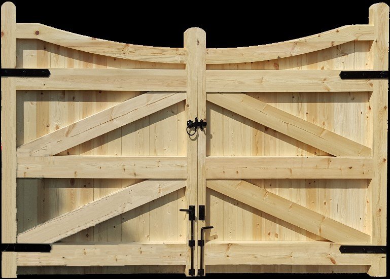 A pair of unfinished wooden gates with black hardware and a latch, set against a black background.