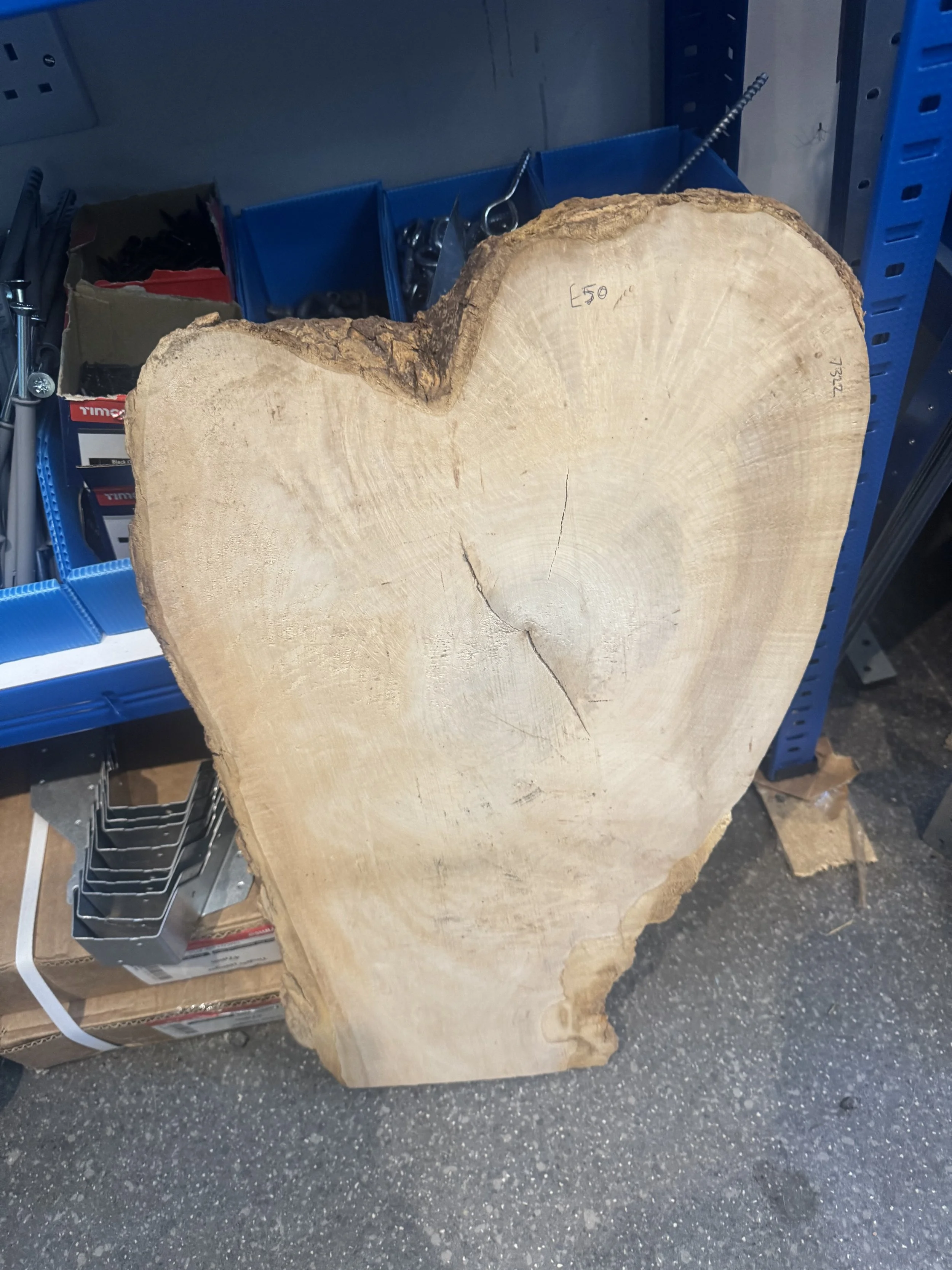 Sycamore timber waney board heart shaped