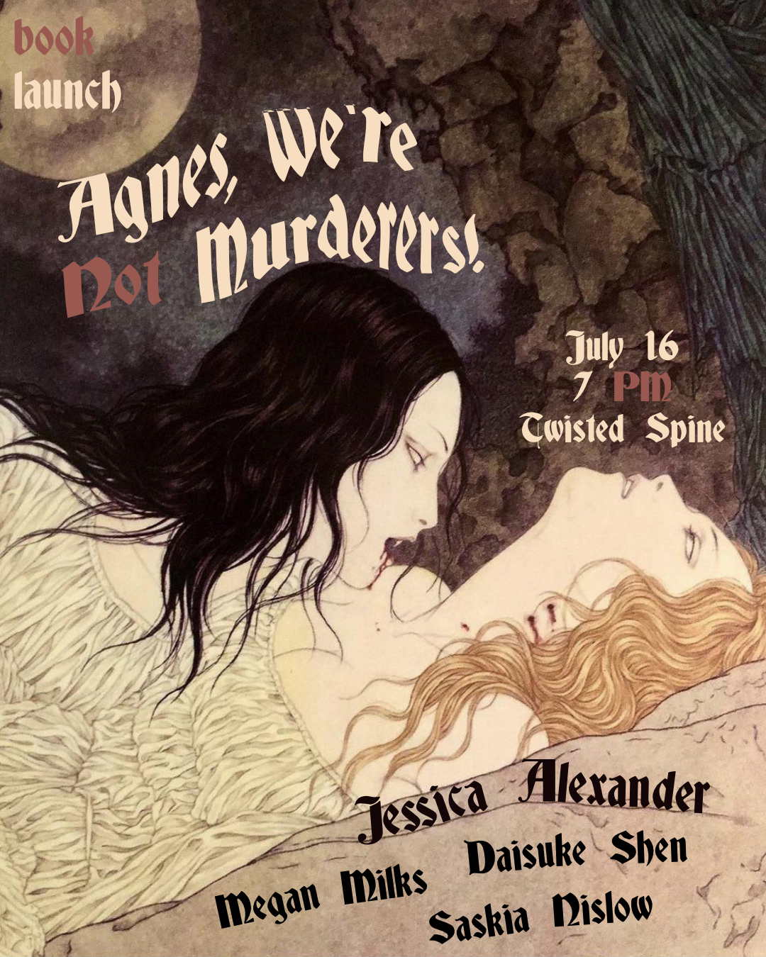 poster for Jess Alexander's book launch, feat. Jessica Alexander, Megan Milks, Daisuke Shen, and Saskia Nislow