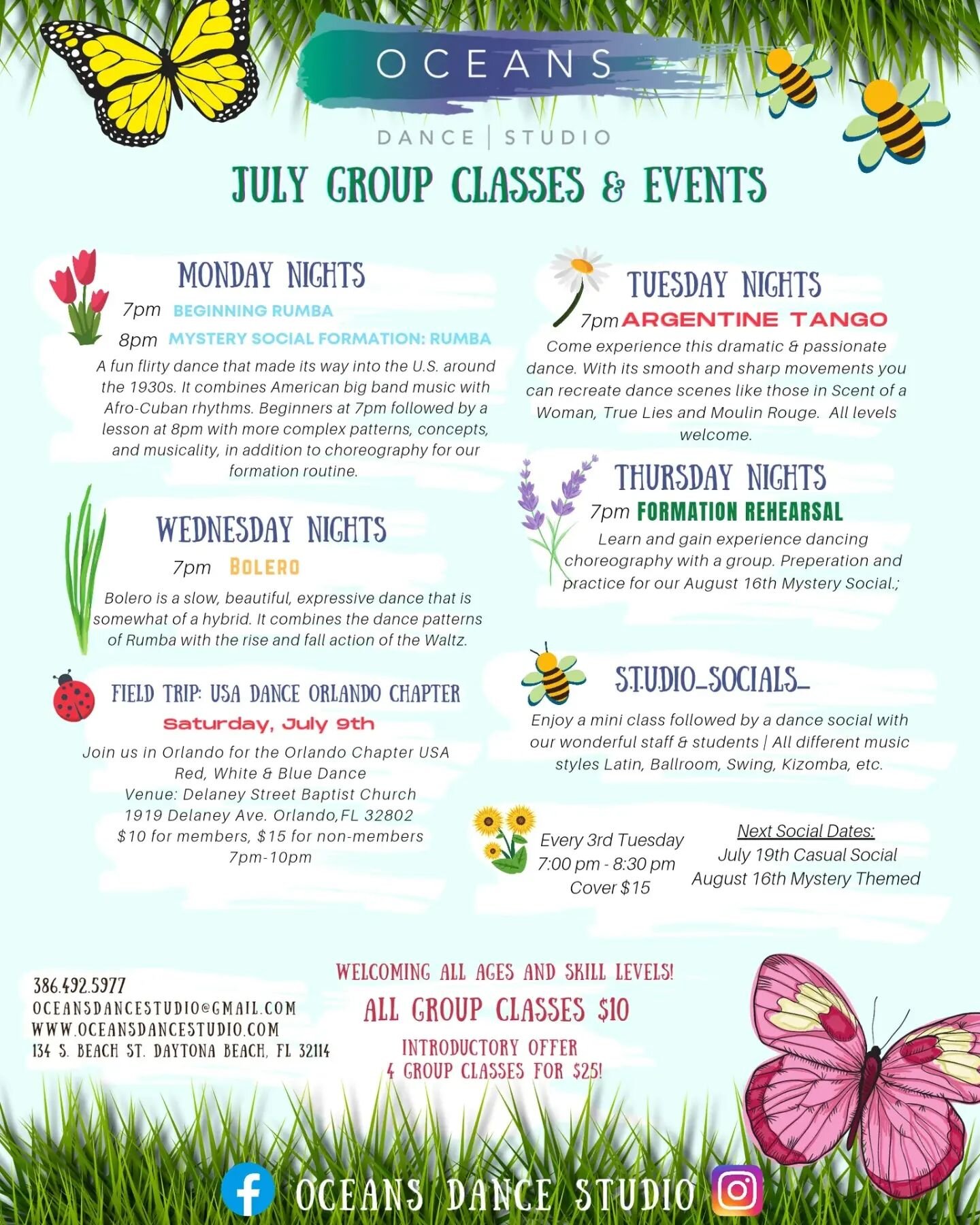 Life is better when you're dancing you way through it. Check out our July group class calendar to see all the dancing fun you could be having with us!

Group Classes:
🌟 $10 per person, per class
🌟 New to our Studio?🌟
$25 gets you 4 classes
🌟Get B
