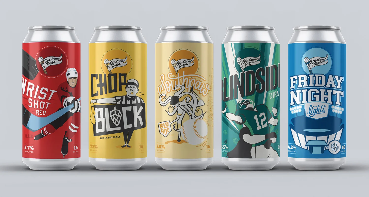 Flagship can labels for Stadium Pizza — Perfect Strangers Design