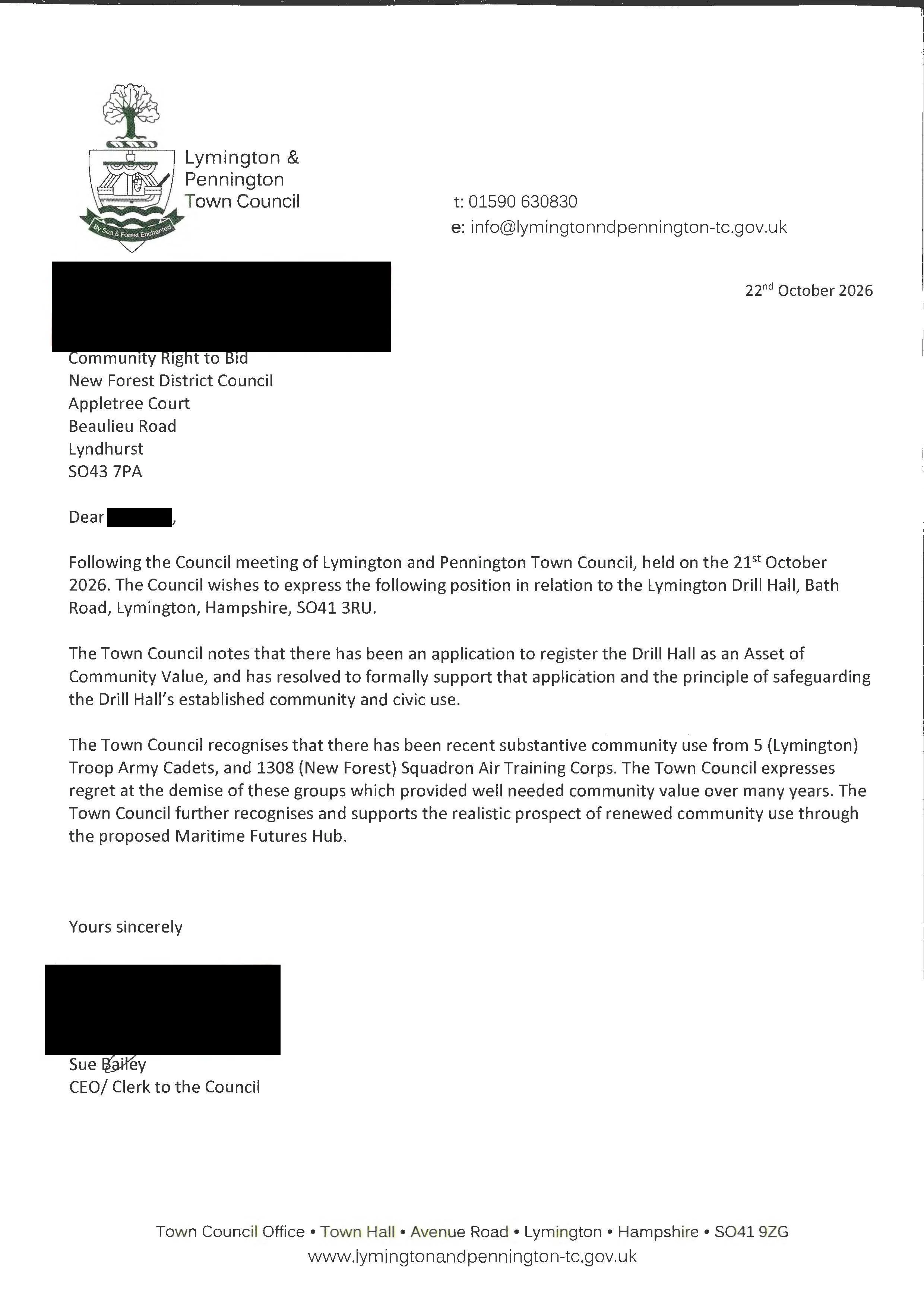 a letter stating the support of the Town Council for the application mage to list Lymington Drill Hall as an Asset of Community Value