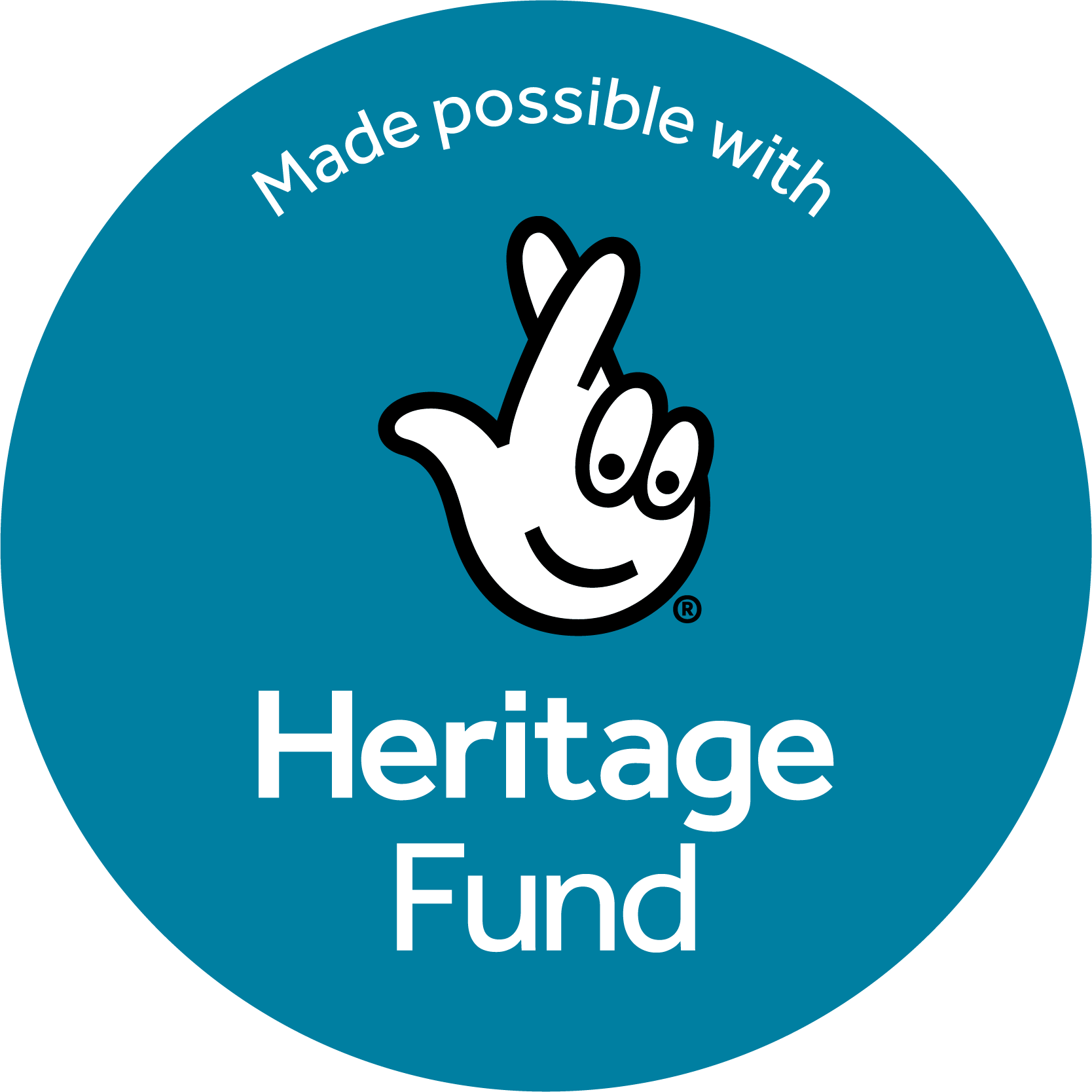 Heritage Fund logo, a cartoon hand with fingers crossed