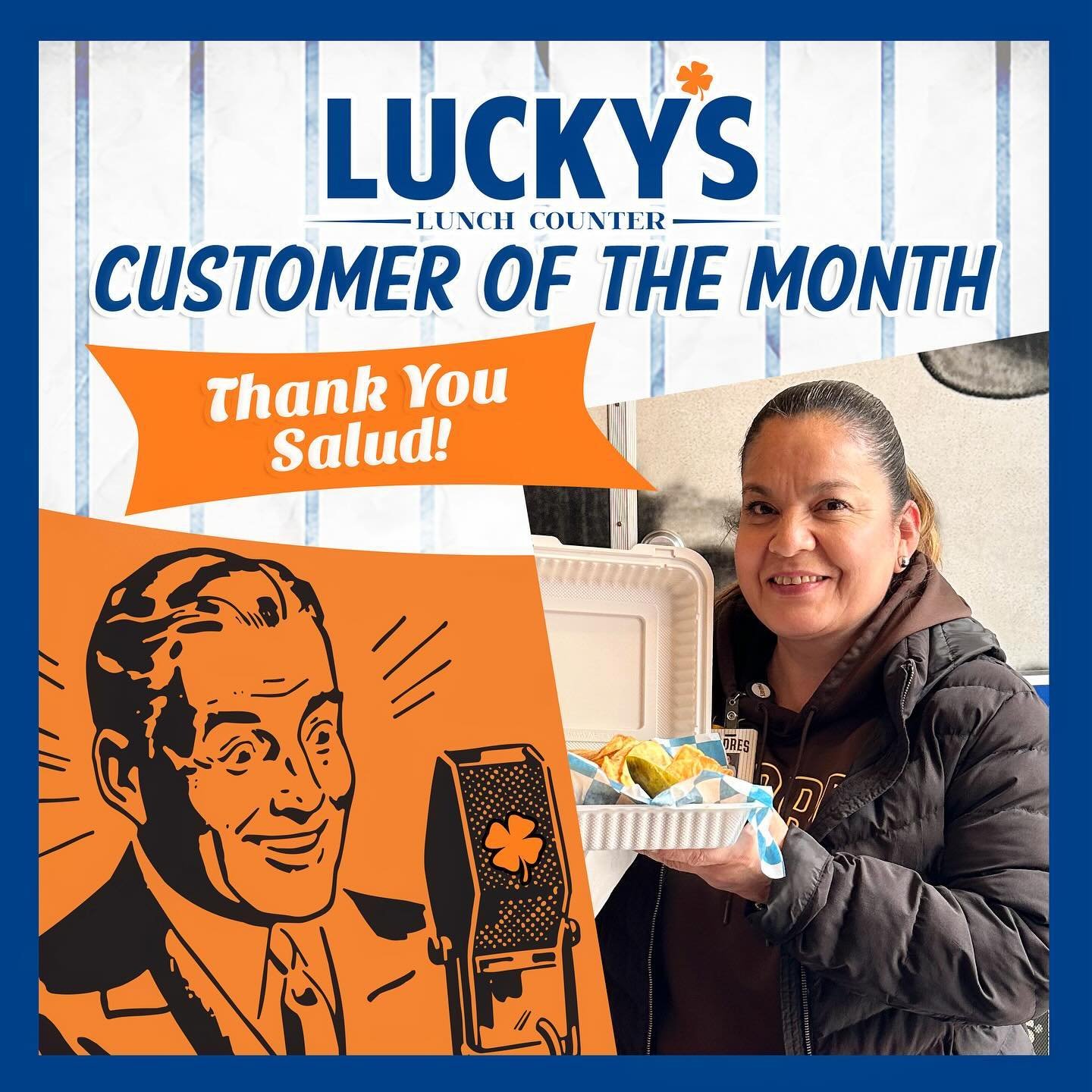 Cheers to our May Customer of the Month, SALUD! 🍀 Her favorite Lucky&rsquo;s dish is the Chipotle Chicken Sandwich with chips. Thanks for making us feel so LUCKY!