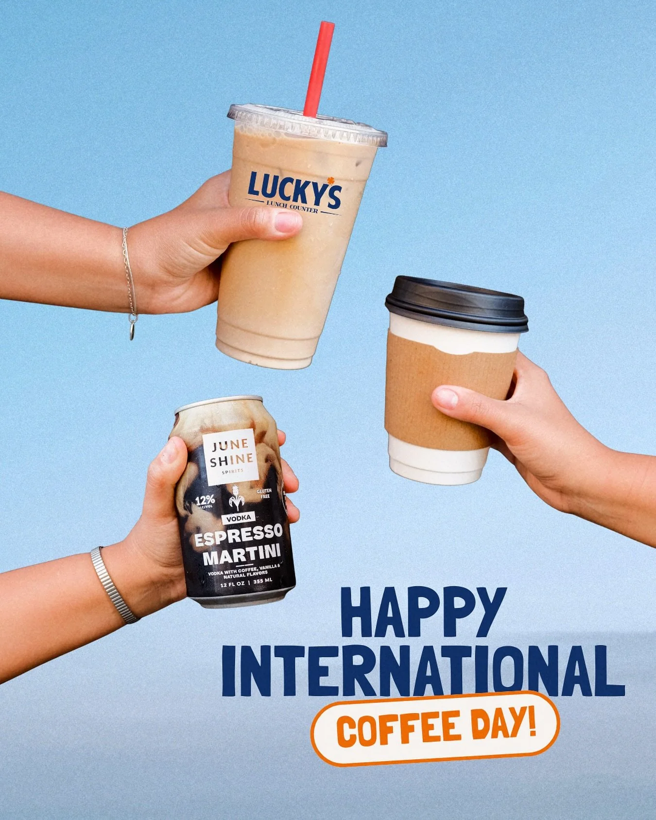 Happy International Coffee Day!☕️ Celebrate with your favorite brew at Lucky&rsquo;s. See you soon!💙