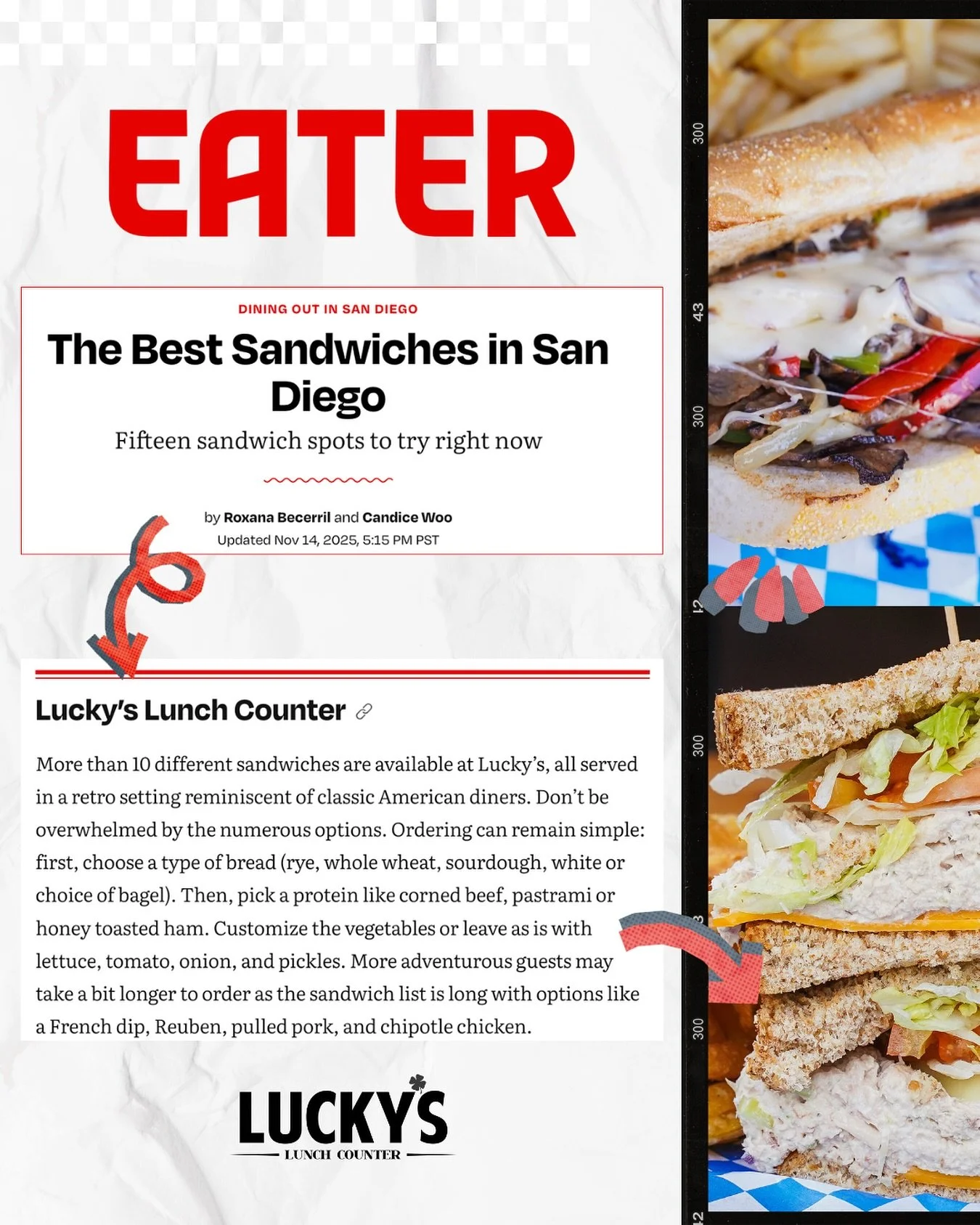 Big thanks to Eater San Diego for naming Lucky&rsquo;s one of the Best Sandwich Spots in San Diego! We&rsquo;re proud to be serving the classics you love every day.❤️🥪 Come taste for yourself!
