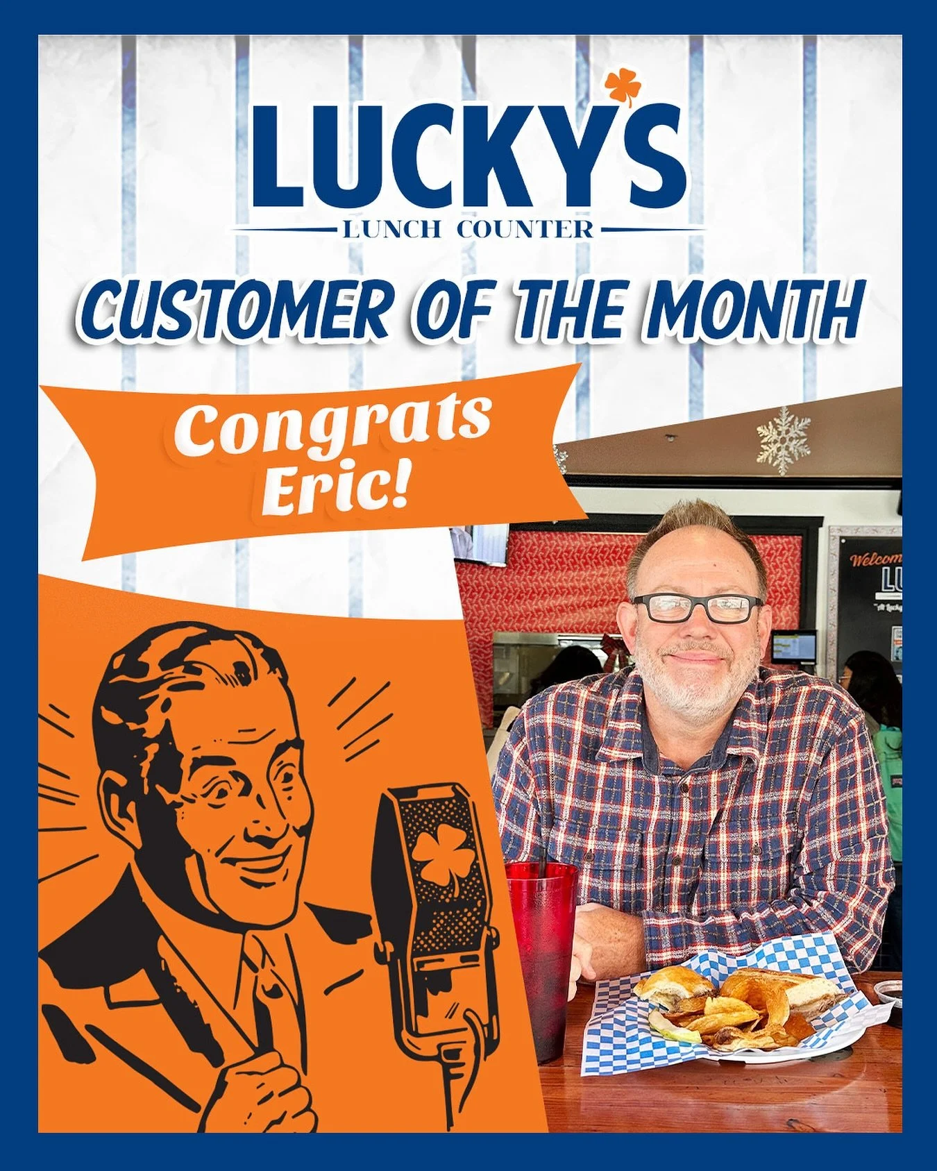 Introducing Lucky&rsquo;s December Customer of the Month, Eric! 🎉 His go-to order? The #22 French Dip Sandwich with fries. Thanks for loving Lucky&rsquo;s, we&rsquo;re so lucky to serve you!