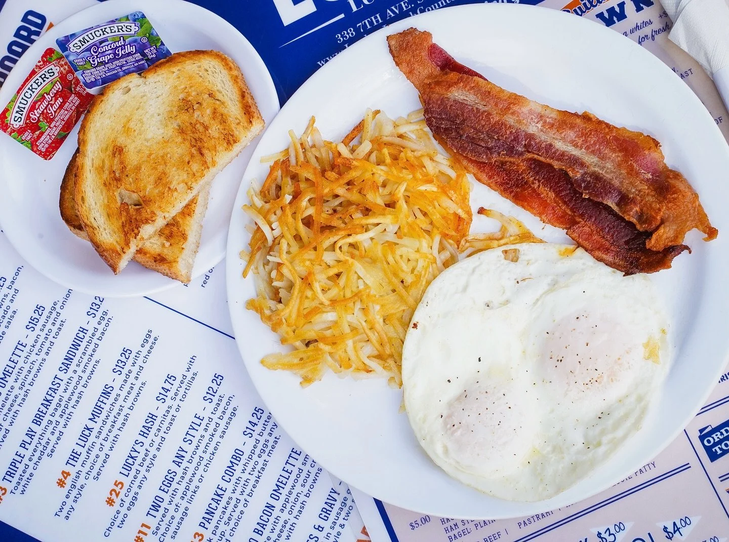 The most important meal of the day tastes best at our counter 😋
Try our #11! Two eggs any style with bacon, sausage, or chicken sausage&mdash;plus hash browns &amp; toast.