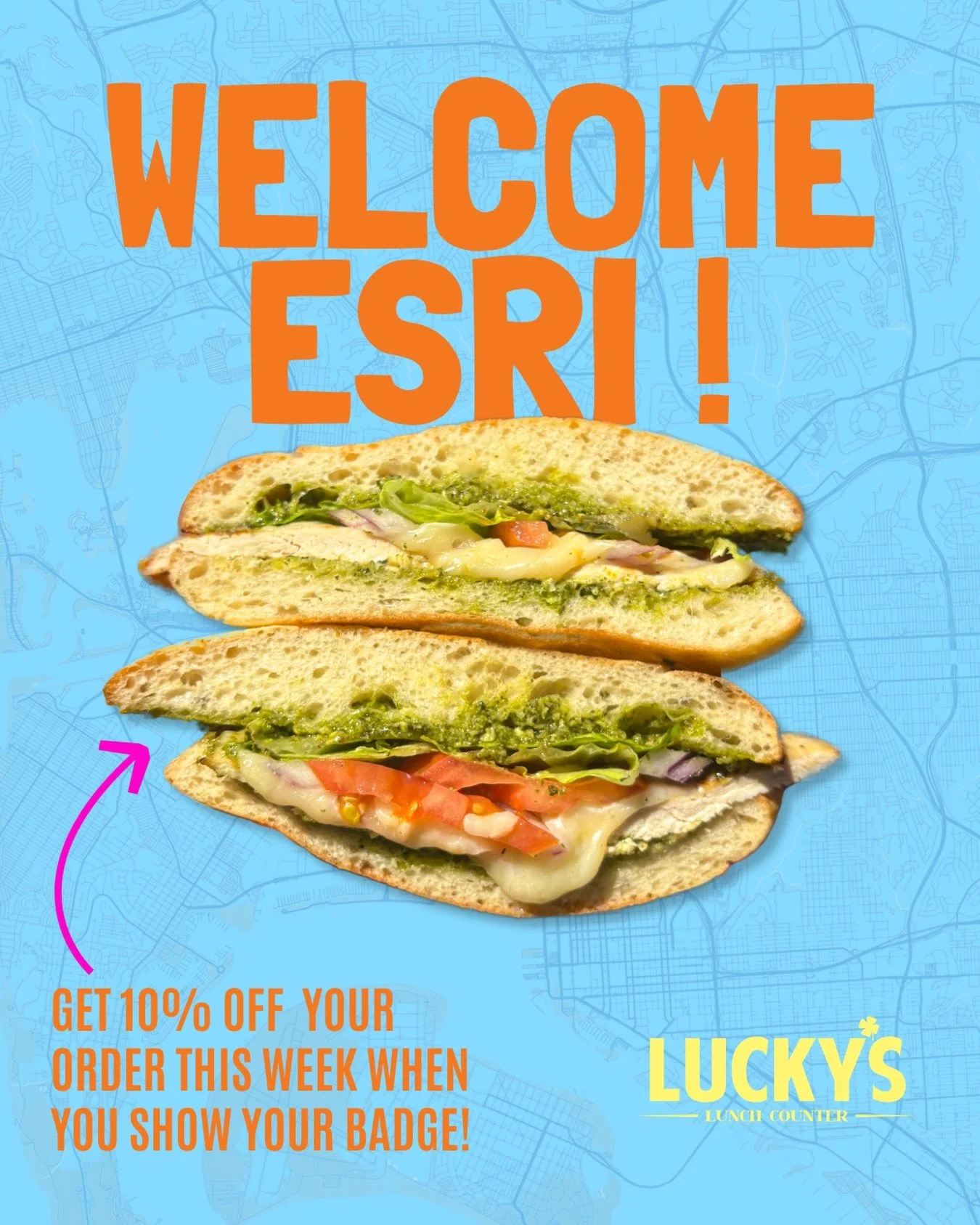 Welcome to SD, ESRI 🗺️ We mapped out your lunch plans for you: Lucky&rsquo;s, right across the street from the Convention Center! Show your badge for 10% off your order today through Friday.

#poweredbyesri