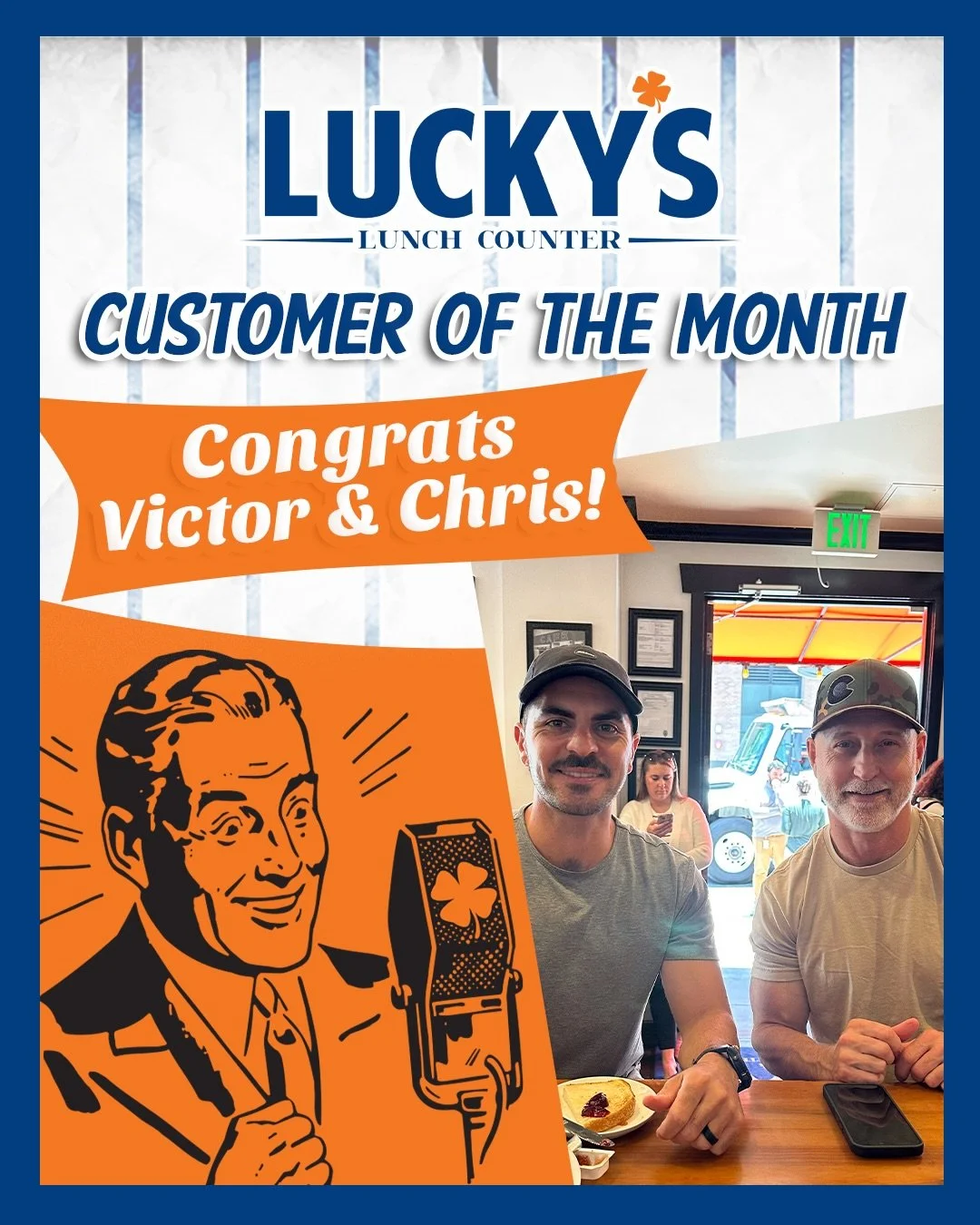 Ending July with a shoutout to our Customers of the Month, Victor &amp; Chris!🌟Their Lucky&rsquo;s order? A build-your-own omelette with avocado, cheese, and bacon. 🥓🥑🍳