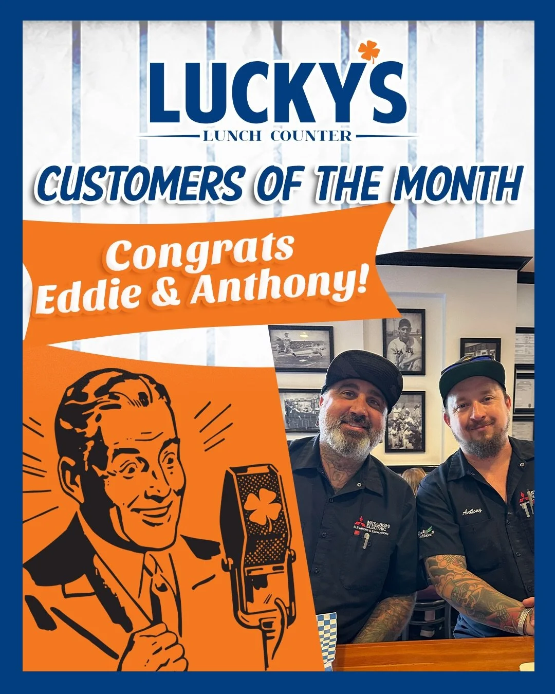 Congrats to Eddie &amp; Anthony, our September Customers of the Month!⭐ Their Lucky&rsquo;s favorites:

🍳 #25 Carnitas Hash with over easy eggs

🥪 #7 Jalape&ntilde;o Patty Melt with a side of fries