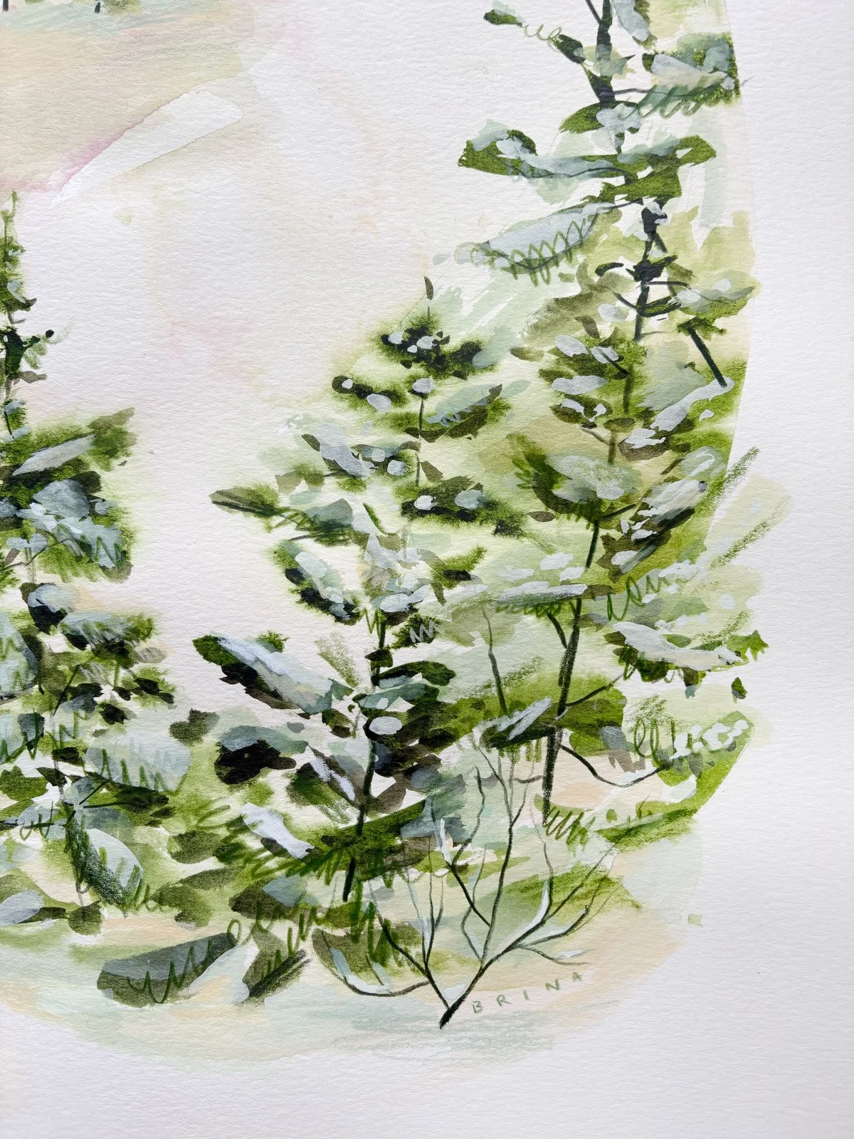 Details to Brina Schenk's mixed media landscape artwork of evergreen trees in melting snow