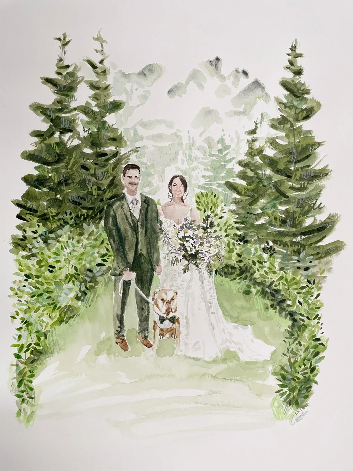 watercolour and mixed media painting of bride and groom based on wedding photos by Brina Schenk, Canadian live painting artist from Fernie, BC, Canada