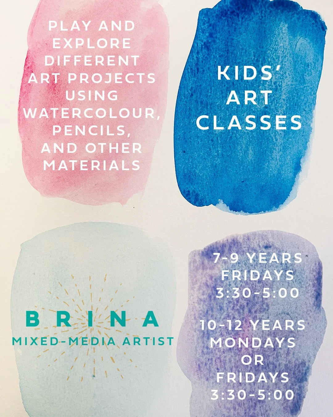 Registration is now open to new students for kids' art classes for January to April, 2026. There is room in the 10-12 yr Monday class, wait list mostly in the 10-12 yr THURSDAY class (not Friday as shown above), and lots of room in the 7-9 yr Friday 