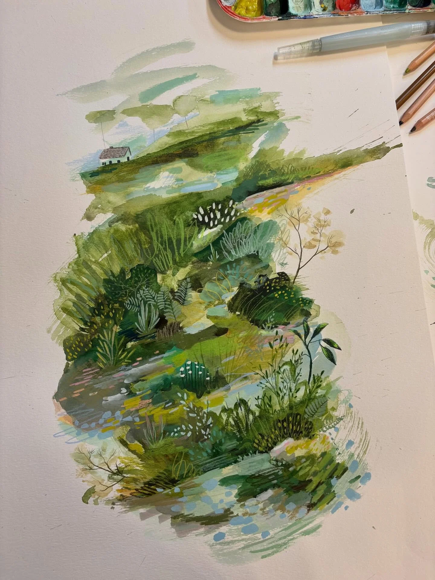 I get so much joy from this playful chaos. Start with colours and shapes and then add more and more. I might not be done here but I&rsquo;m loving where I&rsquo;m at. These are a little larger. 22&rdquo;x 15&rdquo; 

#brinaschenkart #mixedmediaartist