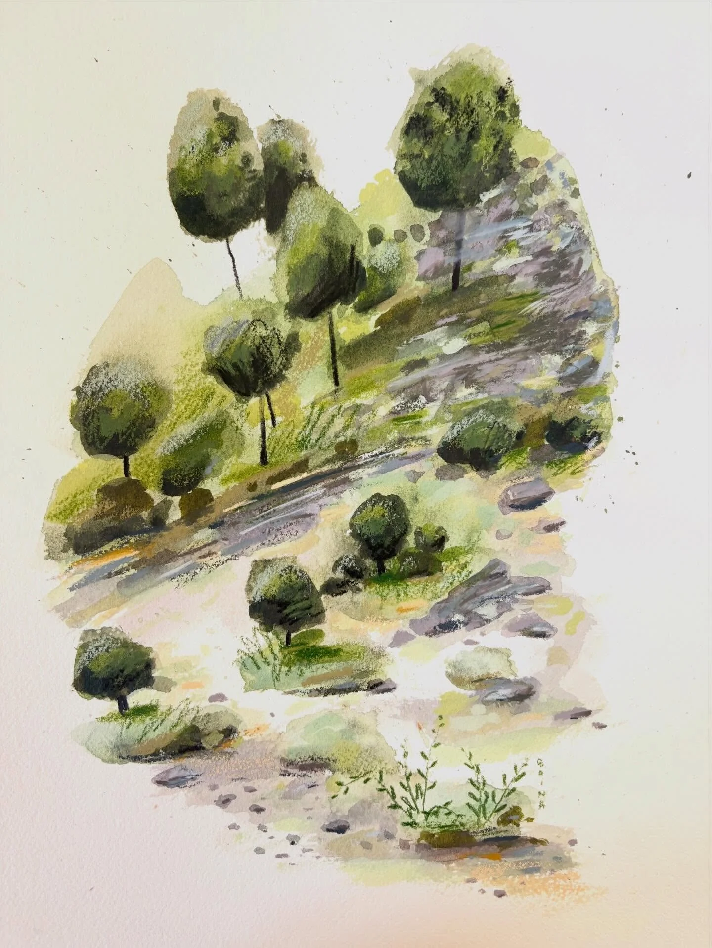 Process in reverse of my recent artwork titled &lsquo;no holding back&rsquo;. An unplanned landscape painting using watercolour paints, pencils, neocolor ii pastels, and watercolour pencils. Very playful and experimental but I&rsquo;m also feeling li