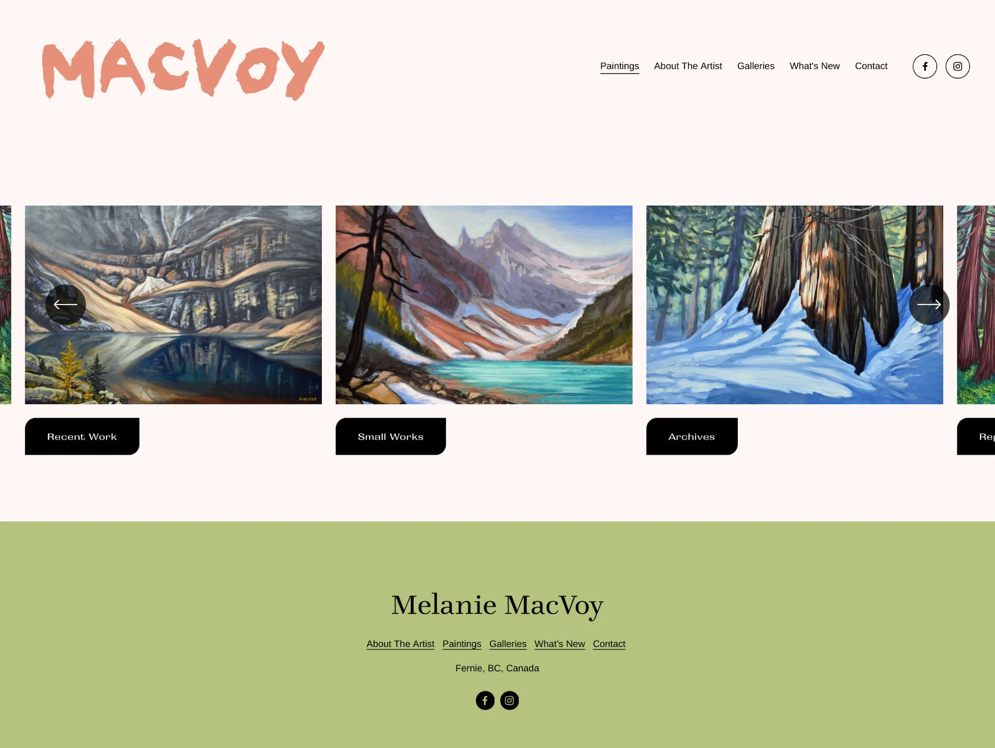 Melanie MacVoy artist, contemporary landscape painter in Fernie, BC - website design and build using a simple and clean Squarespace template design. Paintings portfolio page.