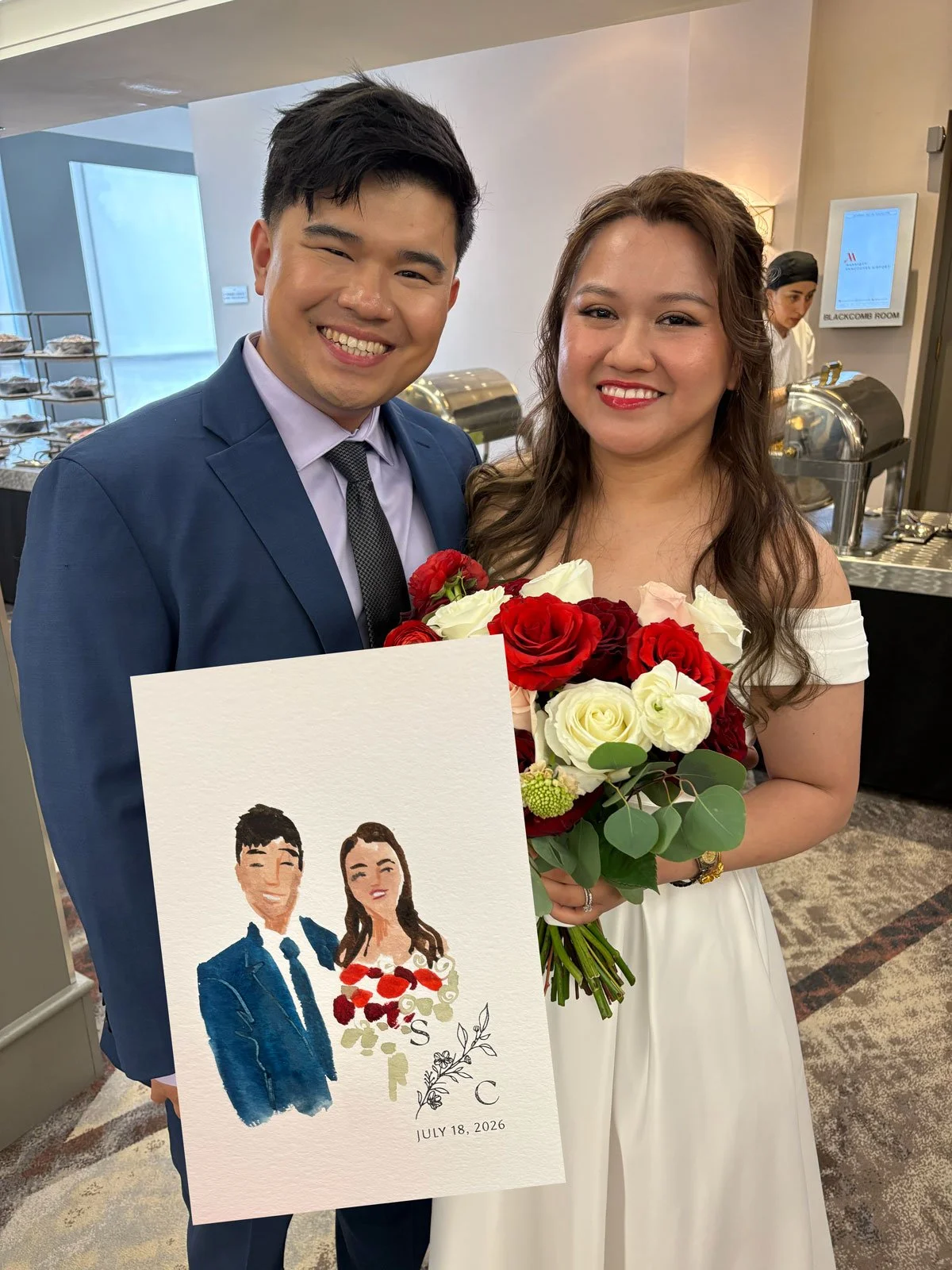 Fast watercolour portraits of Bride and groom at Vancouver wedding 