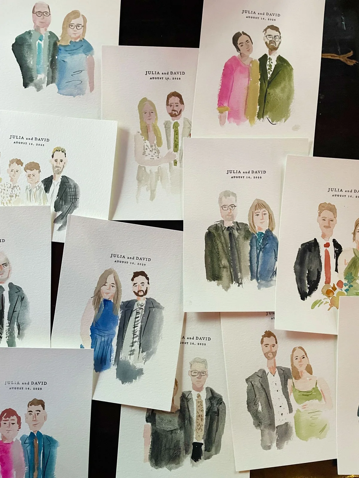 A selection of watercolour portraits at a wedding in Fernie, BC by Live Wedding painter Brina Schenk