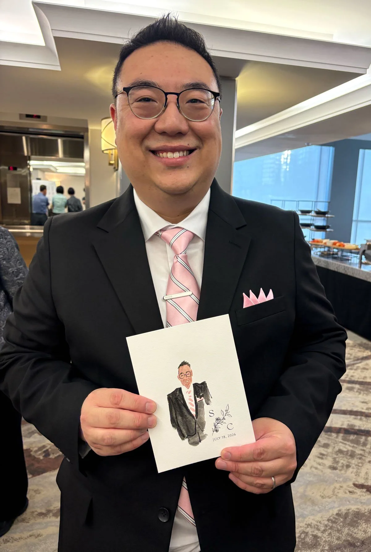 Portraits of guests using watercolour paint and colour pencils at wedding in Vancouver, BC, Canada