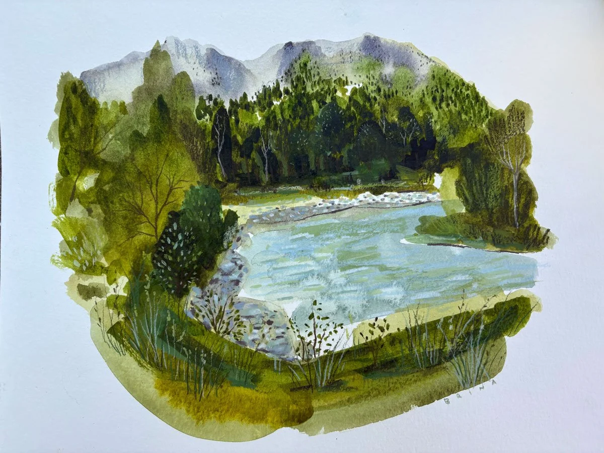 mixed media landscape artwork by Brina Schenk of a lush dogwood park and boat launch with subtle Rocky Mountains in the background