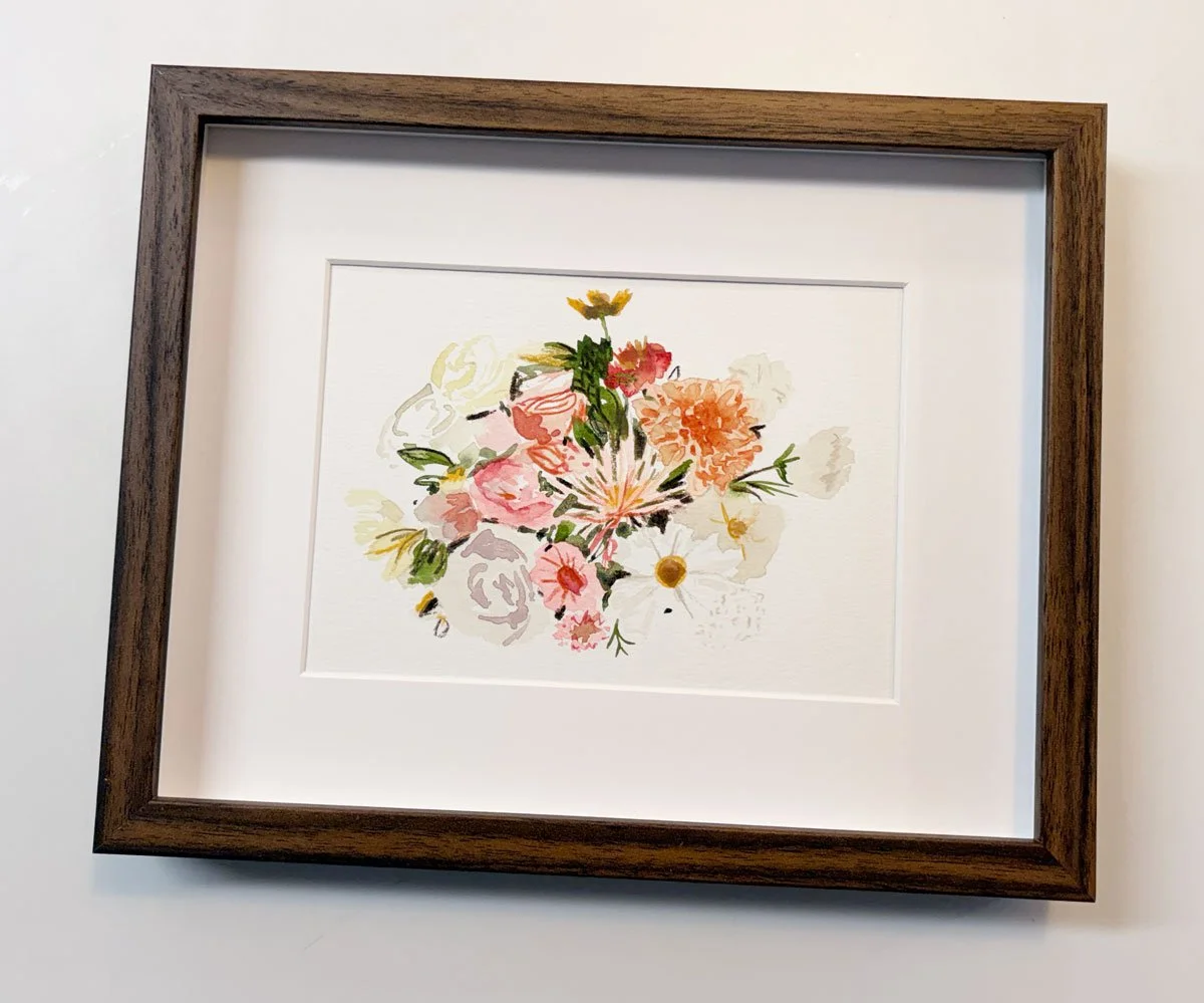 painting of wedding bouquet by Brina Schenk in mixed-media, small painting 5x7