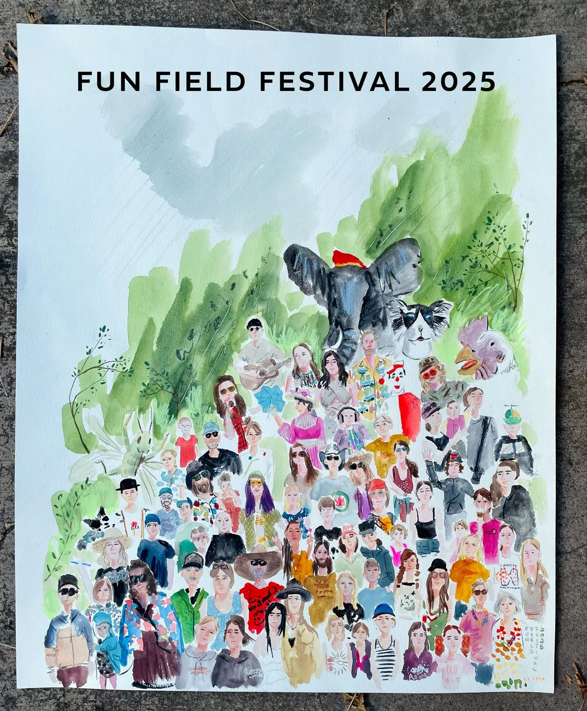 Fun Field Festival in Wardner BC 2025 a portrait painting of the festival guests all in one