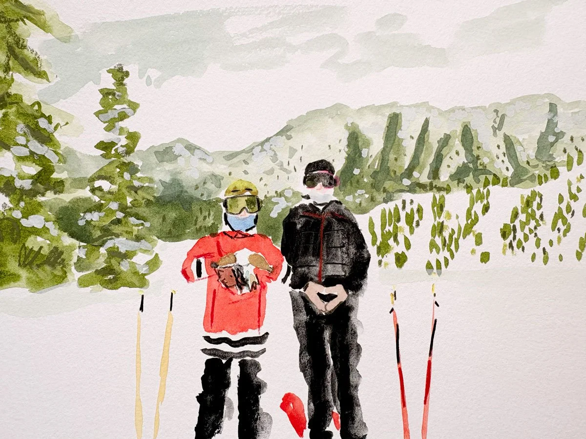 mixed media commission of grandkids at Fernie Alpine Ski Resort for a birthday gift.