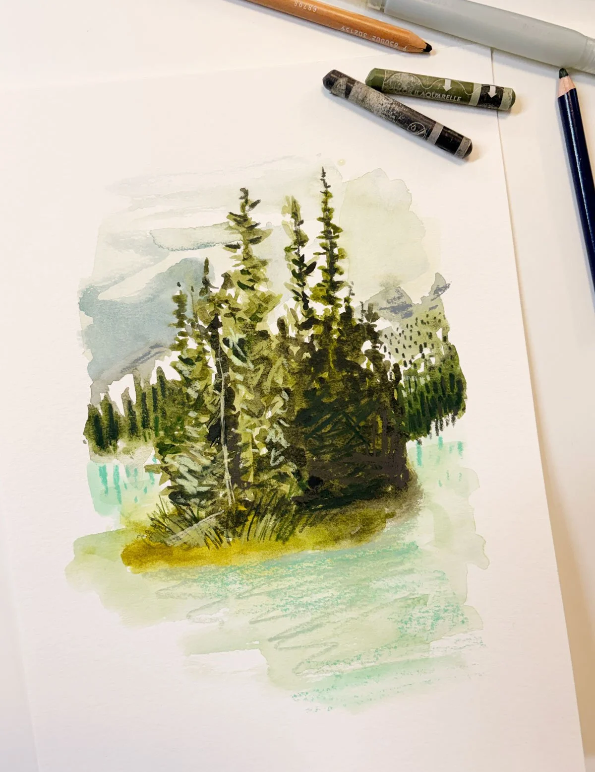 Island Lake Lodge, small painting of the island in Fernie, BC by Brina Schenk