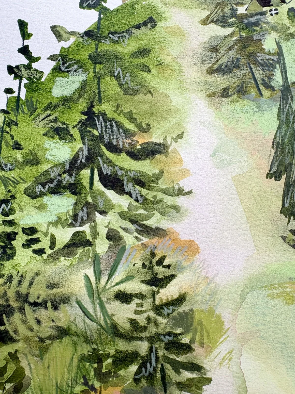 a close look at the layering in Brina's mixed media landscape artwork