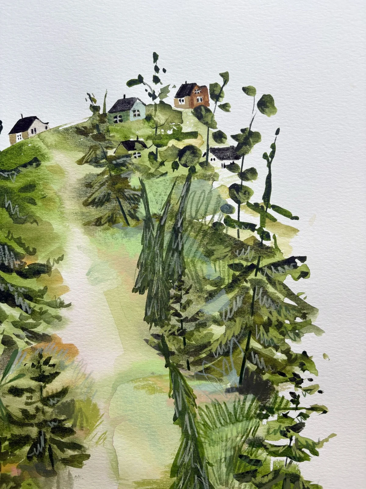 a close up of a mixed media landscape artwork by Brina Schenk of a lush pathway to a small town