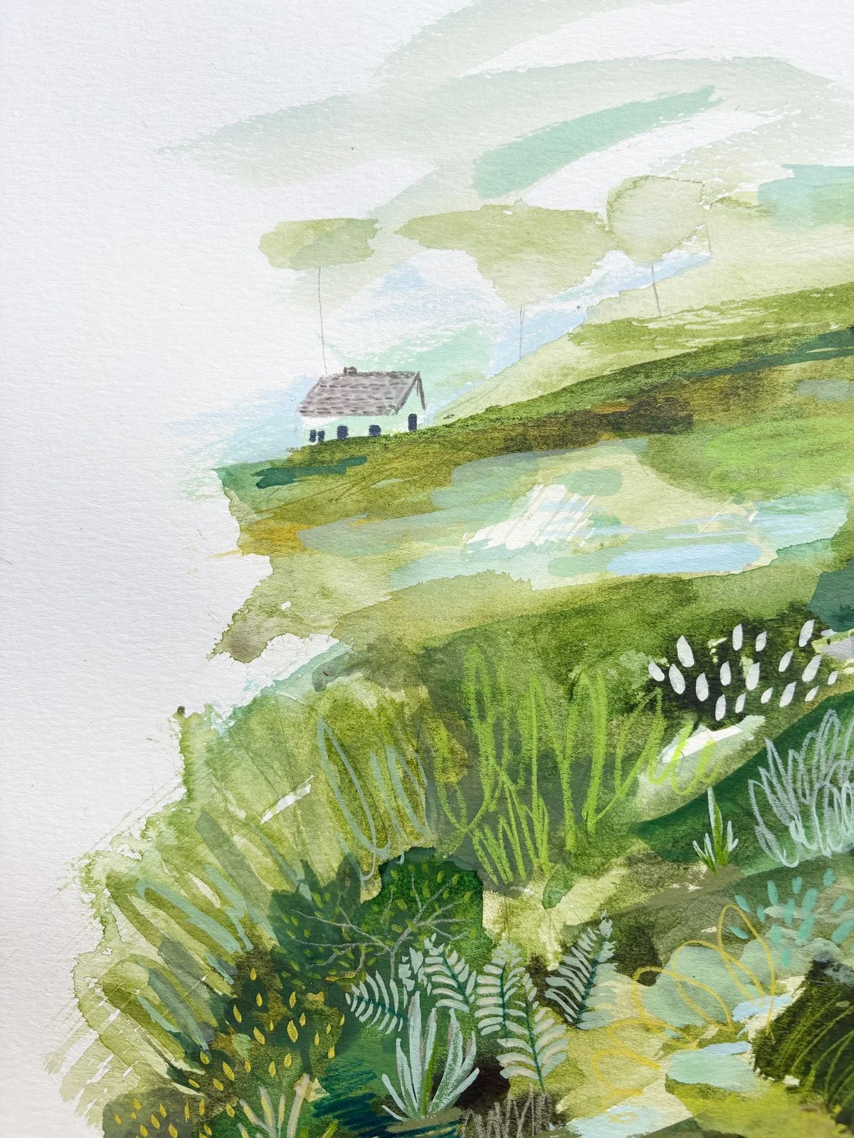 a single, small home at the top left corner of this mixed media landscape painting