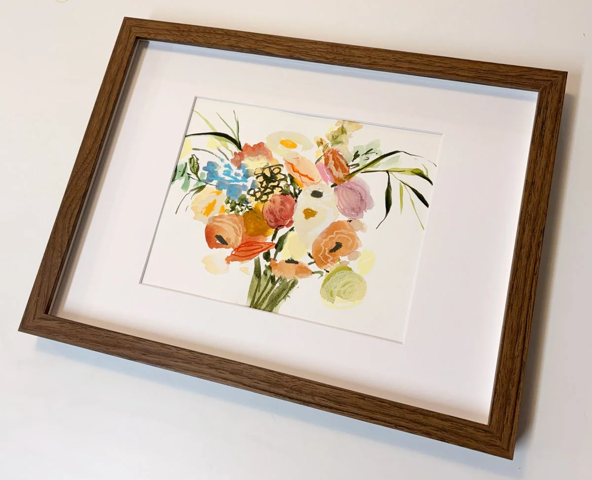 painting of wedding bouquet by Brina Schenk in mixed-media
