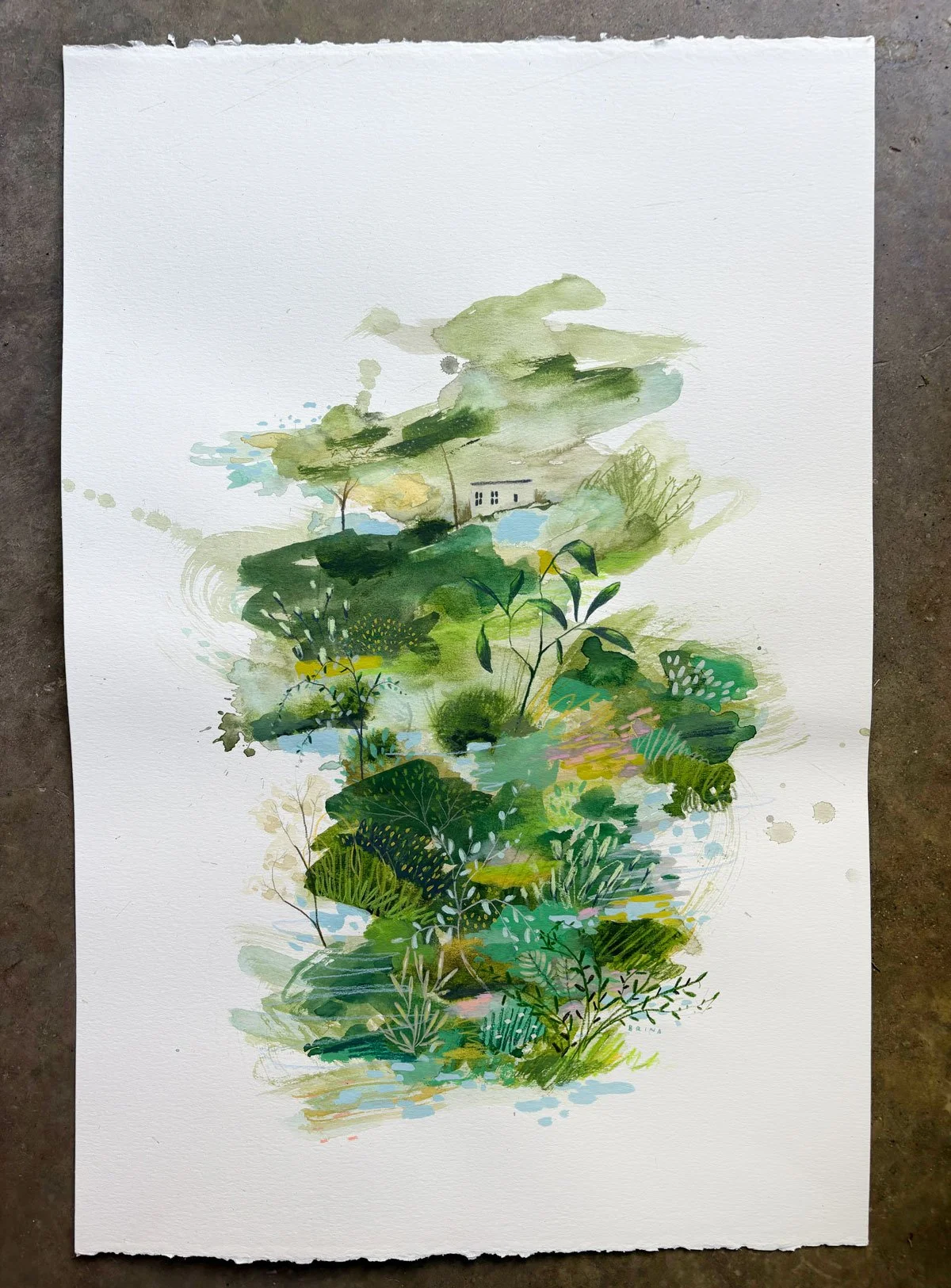 a mixed media landscape painting by Brina Schenk using all her art materials to create a lush painting