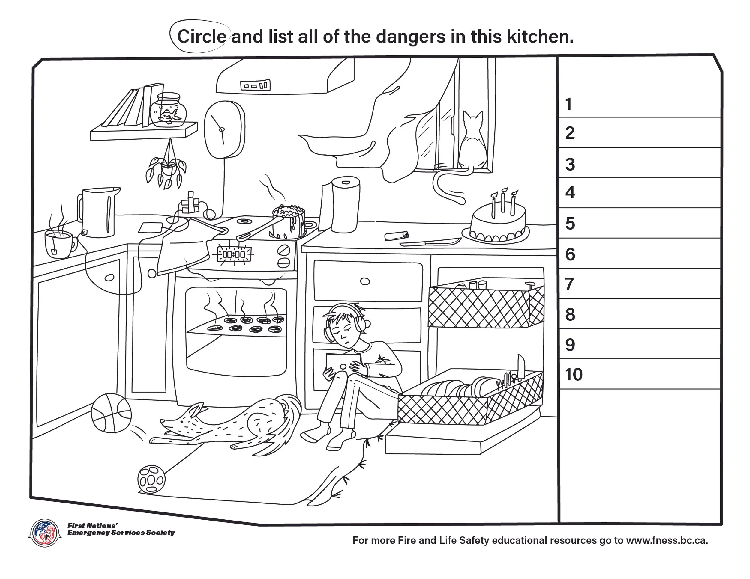 FNESS Hazardous Kitchen fire safety activity sheets for kids - illustrated by Brina Schenk