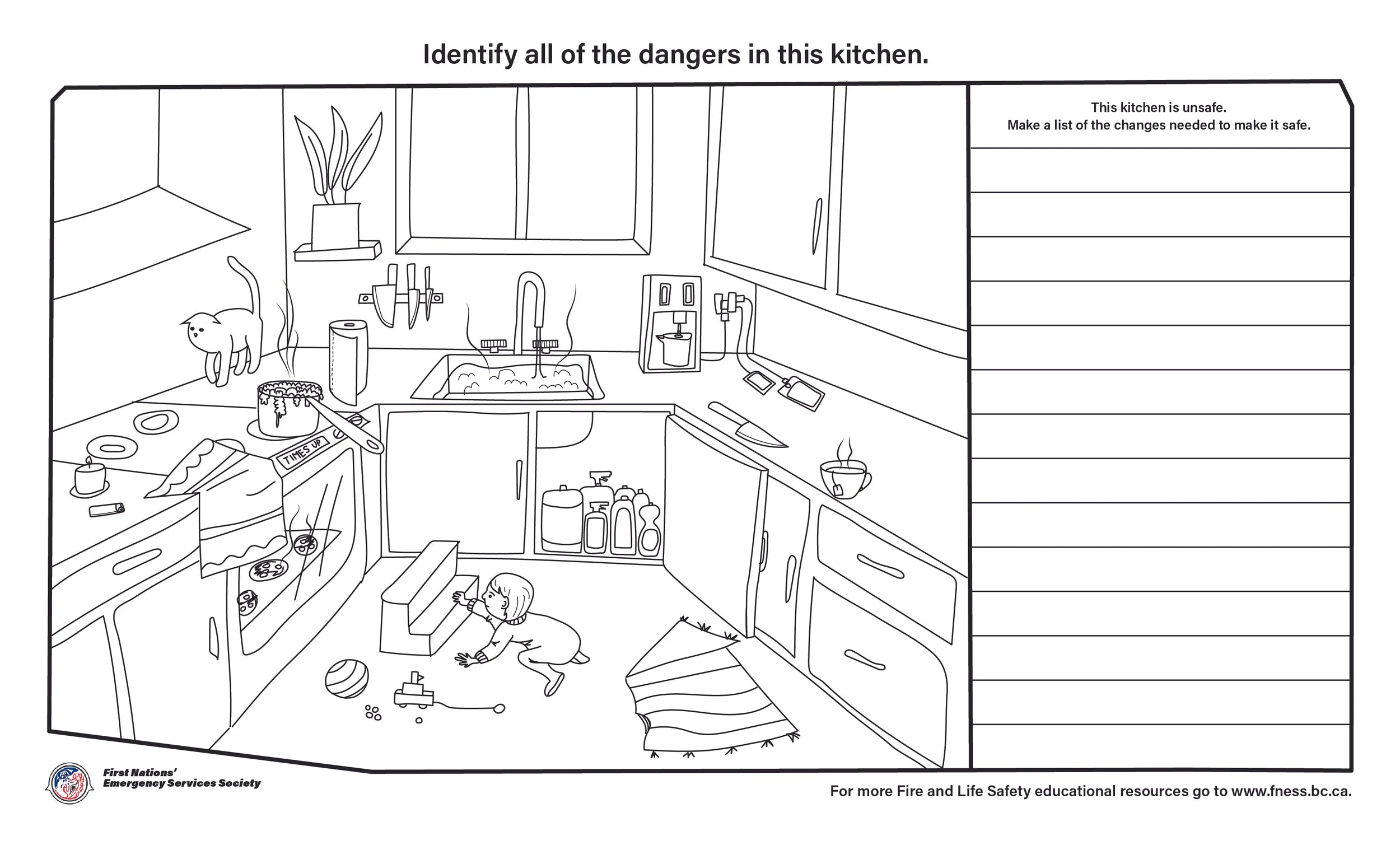 FNESS Hazardous Kitchen fire safety activity sheets for kids - illustrated by Brina Schenk