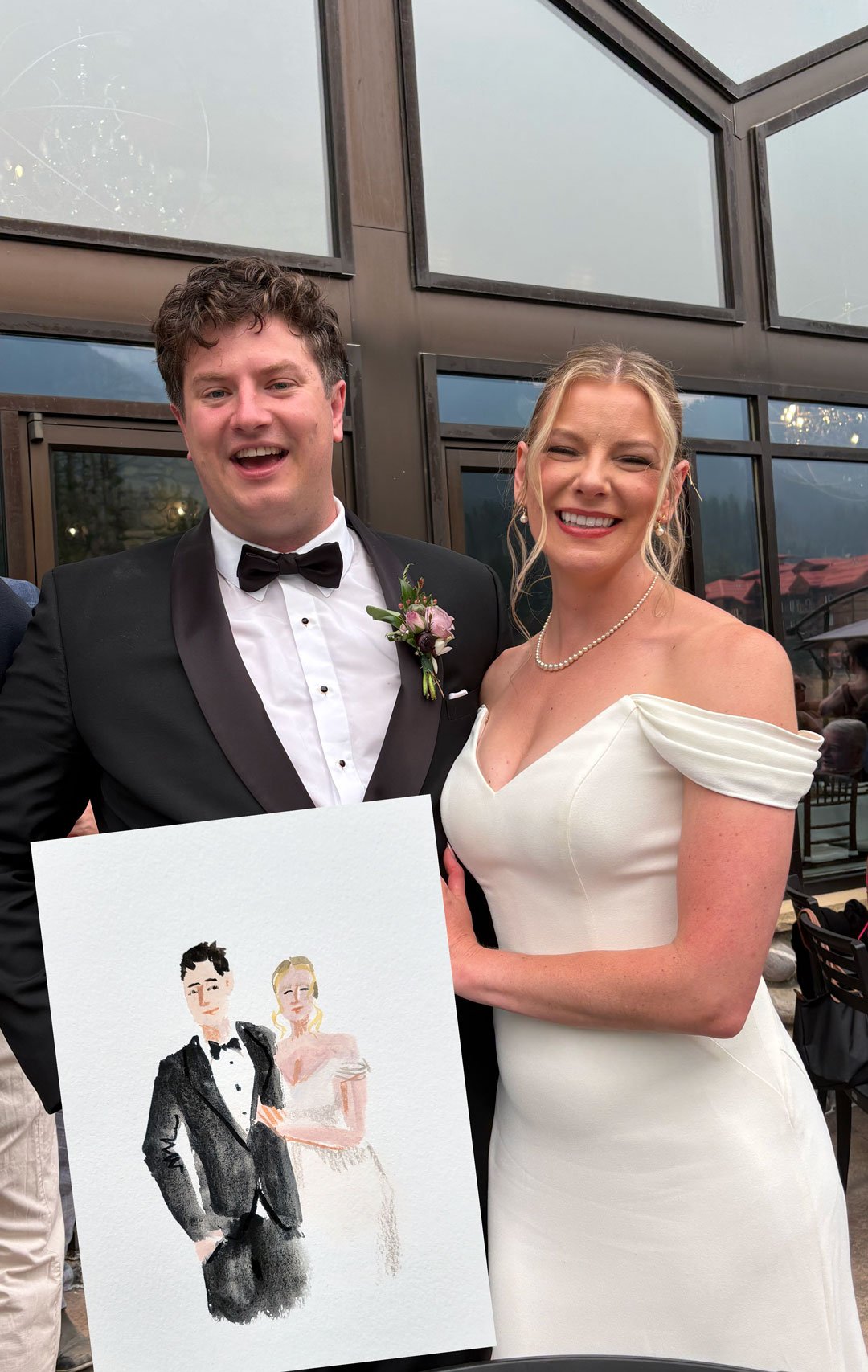Fernie wedding watercolour bride and groom portrait at Lizard Creek Lodge at Fernie Alpine Resort