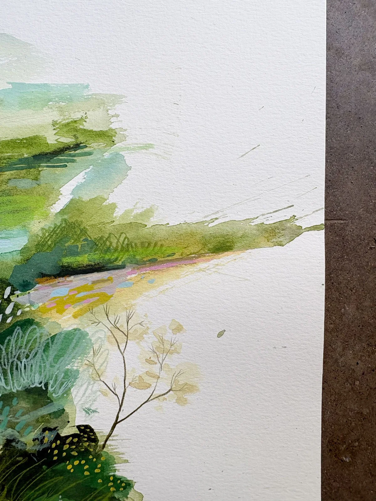 a painting that went to the edge of the paper in the creation of this landscape artwork