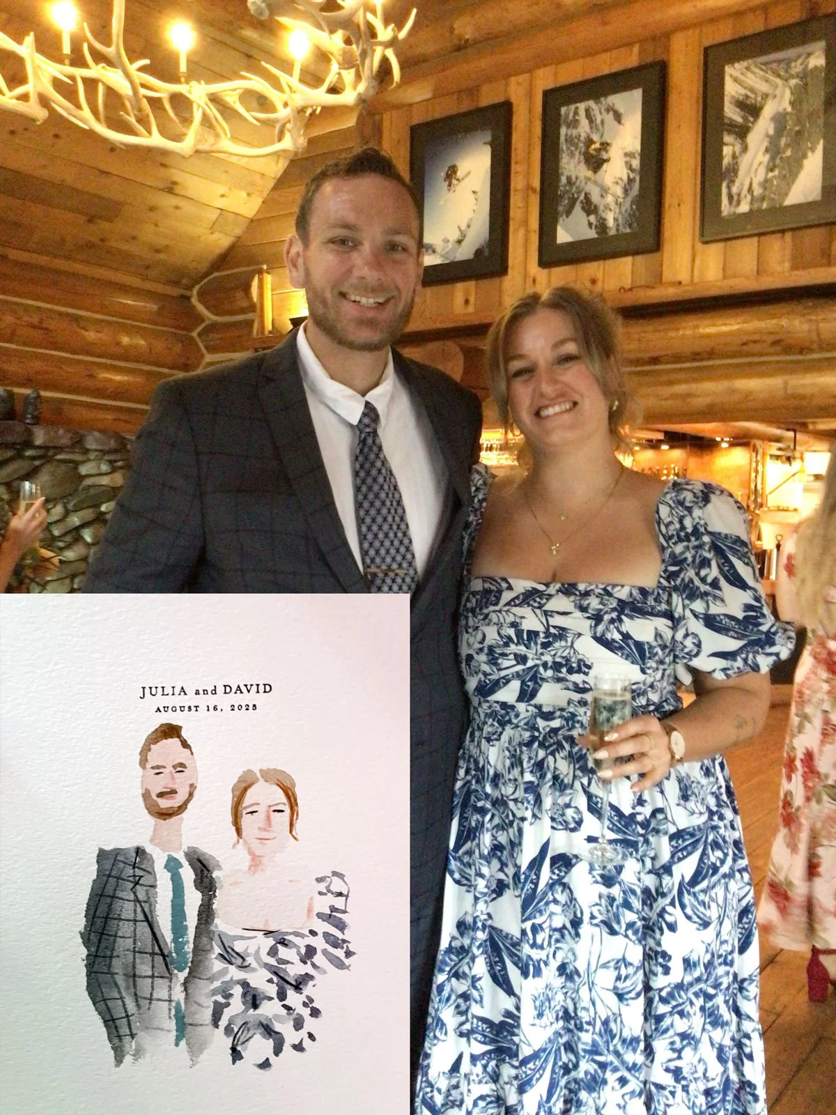 Live guest portrait painting at a wedding in Fernie, BC, Canada at Island Lake Lodge