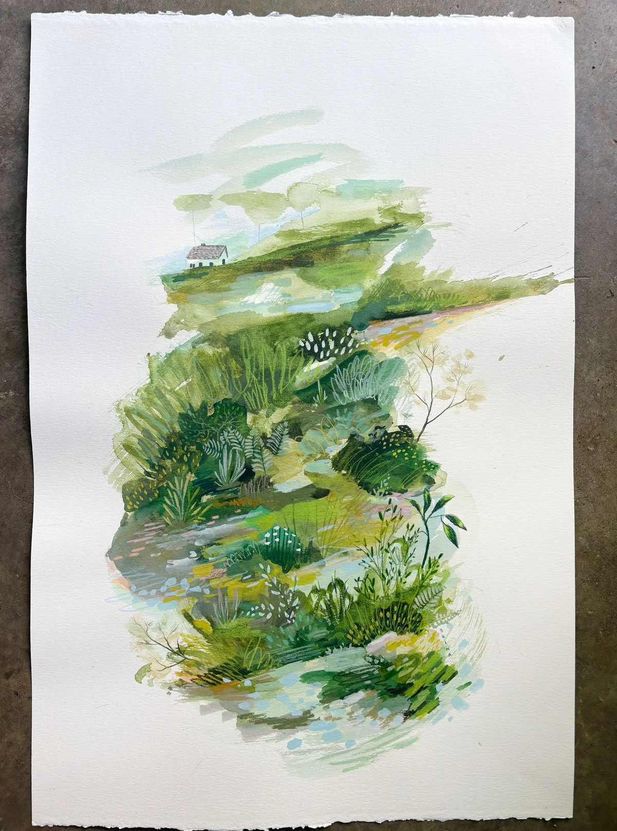A messy landscape painting with a house in the background and lush plants using mixed media to the foreground