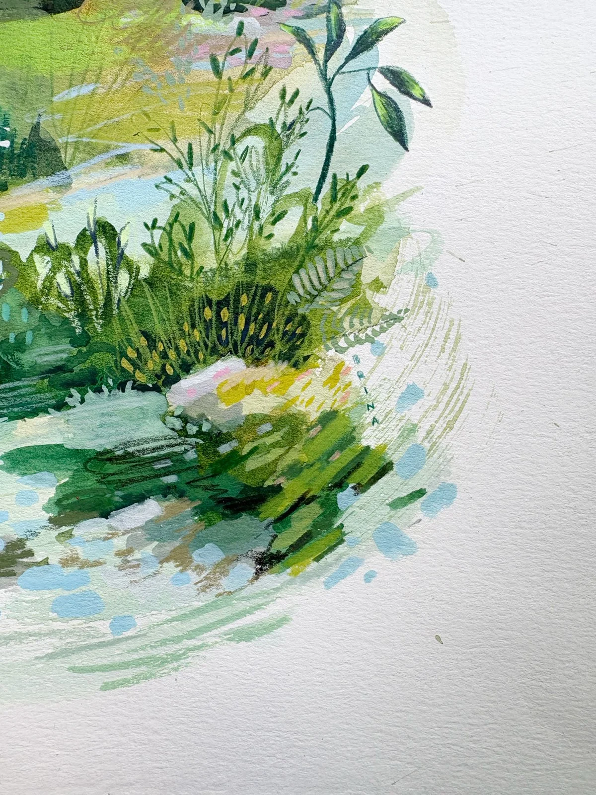 Brina Schenk's signature to her chaotic landscape painting in mixed media